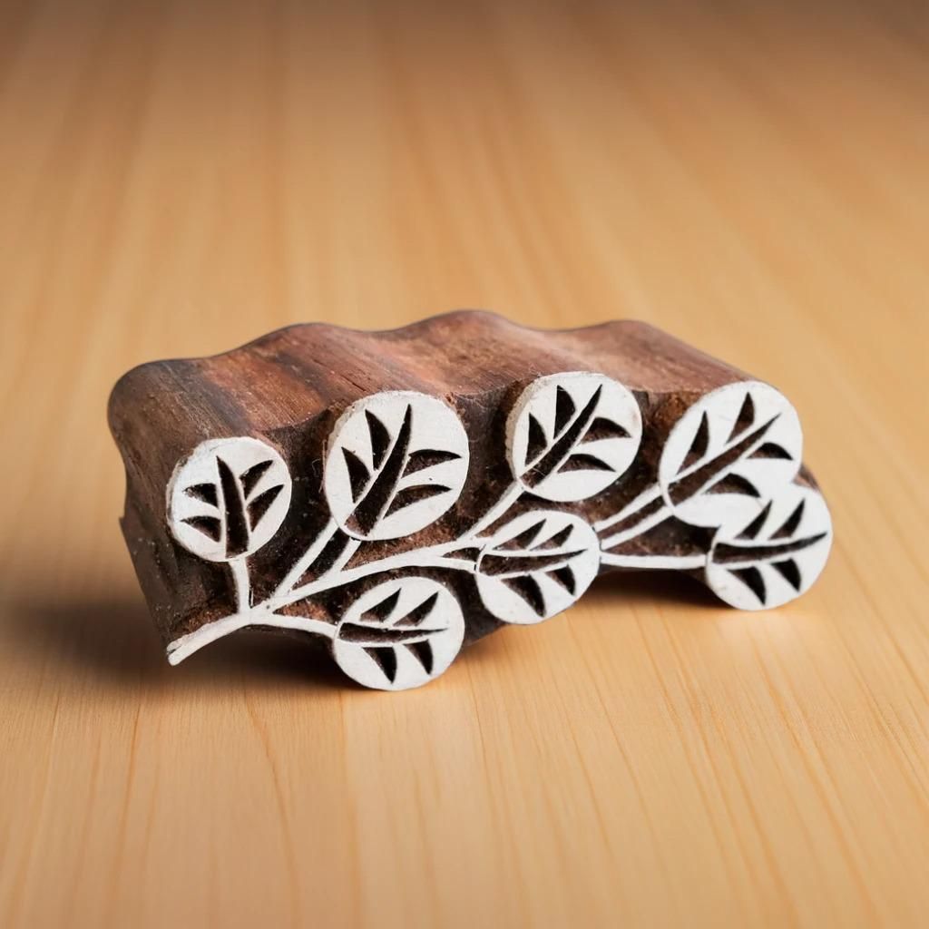 Hand Carved Teak Wood Block Print Stamp, Bamboo Bloom