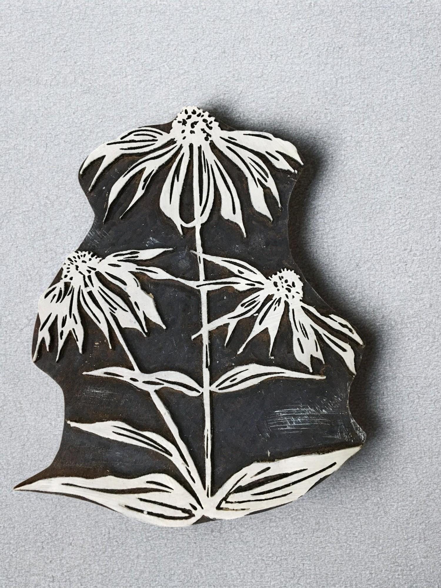 Echinasea plant,  hand carved Indian wood printing block; textile stamp; pottery stamp,