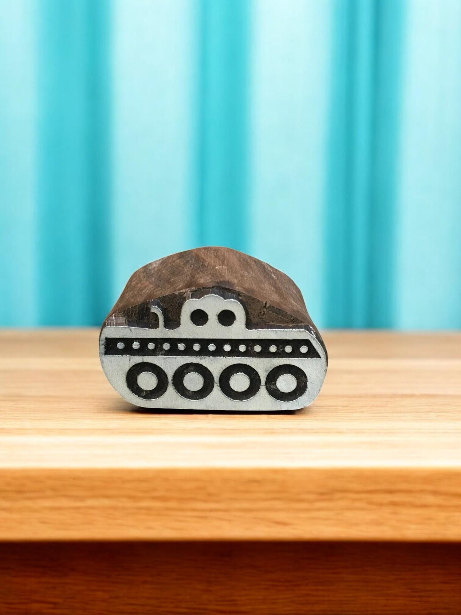 Hand Carved Sheesham Wood Submarine Stamp, Indian Textile Block
