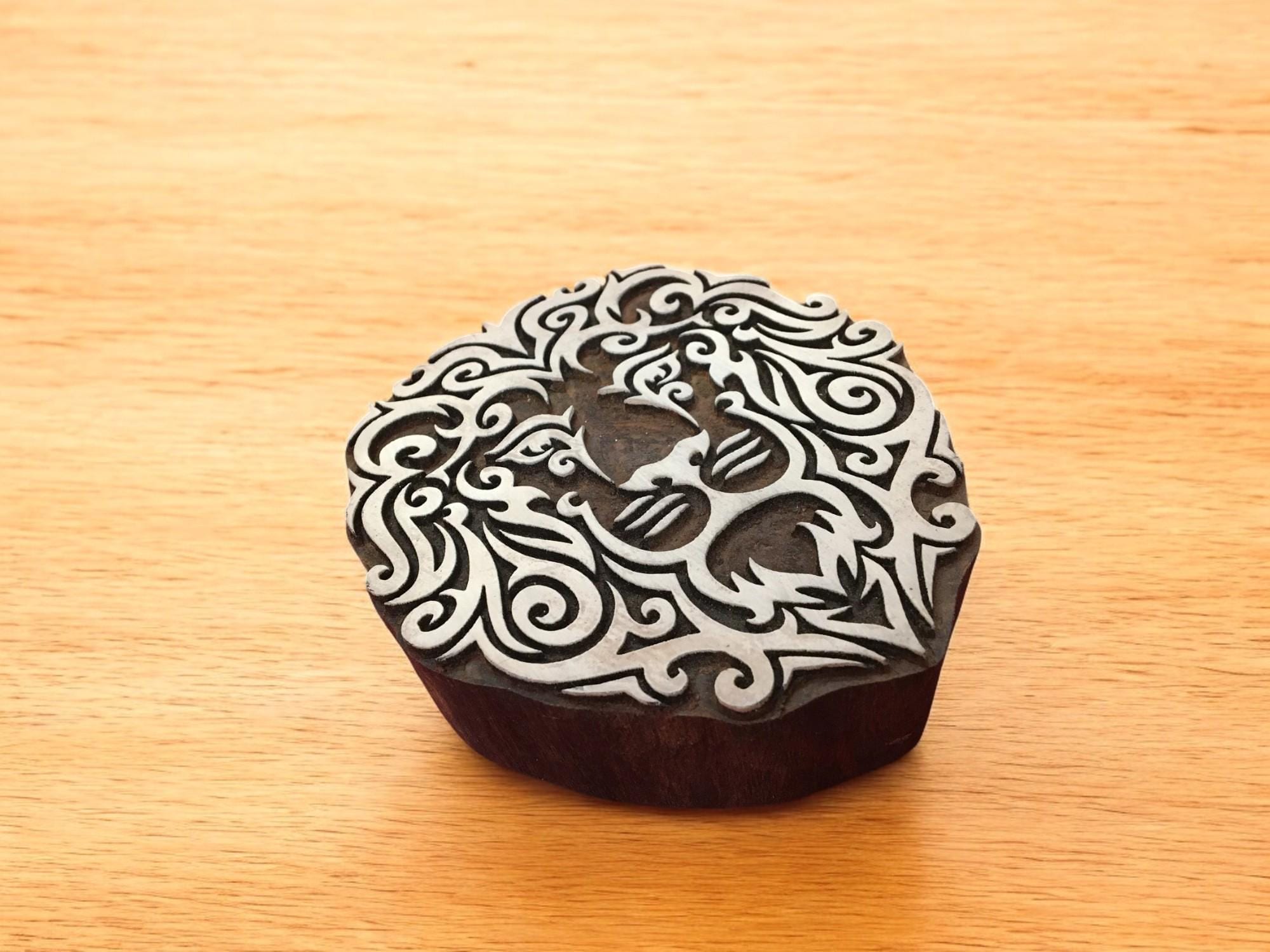 Lion Head Wood Block Stamp, Hand Carved Textile Printing
