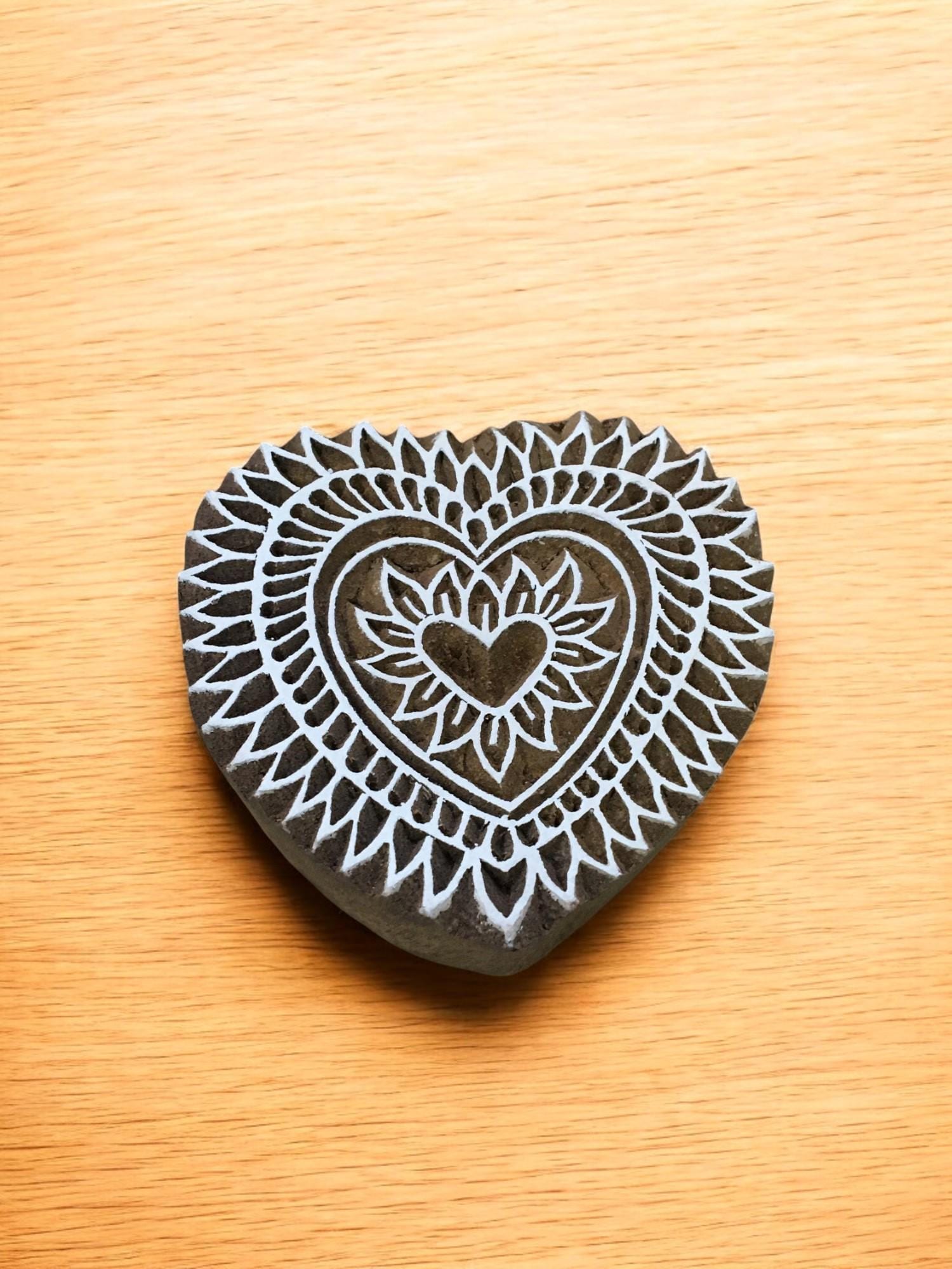 Hand Carved Wooden Printing Block: Intricate Heart Design