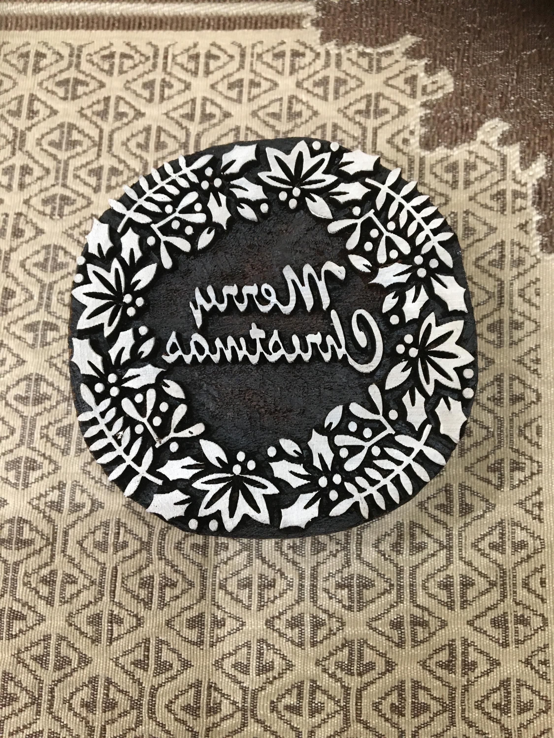 Floral Wooden Printing Block, Christmas Wreath Design (11.5cm)