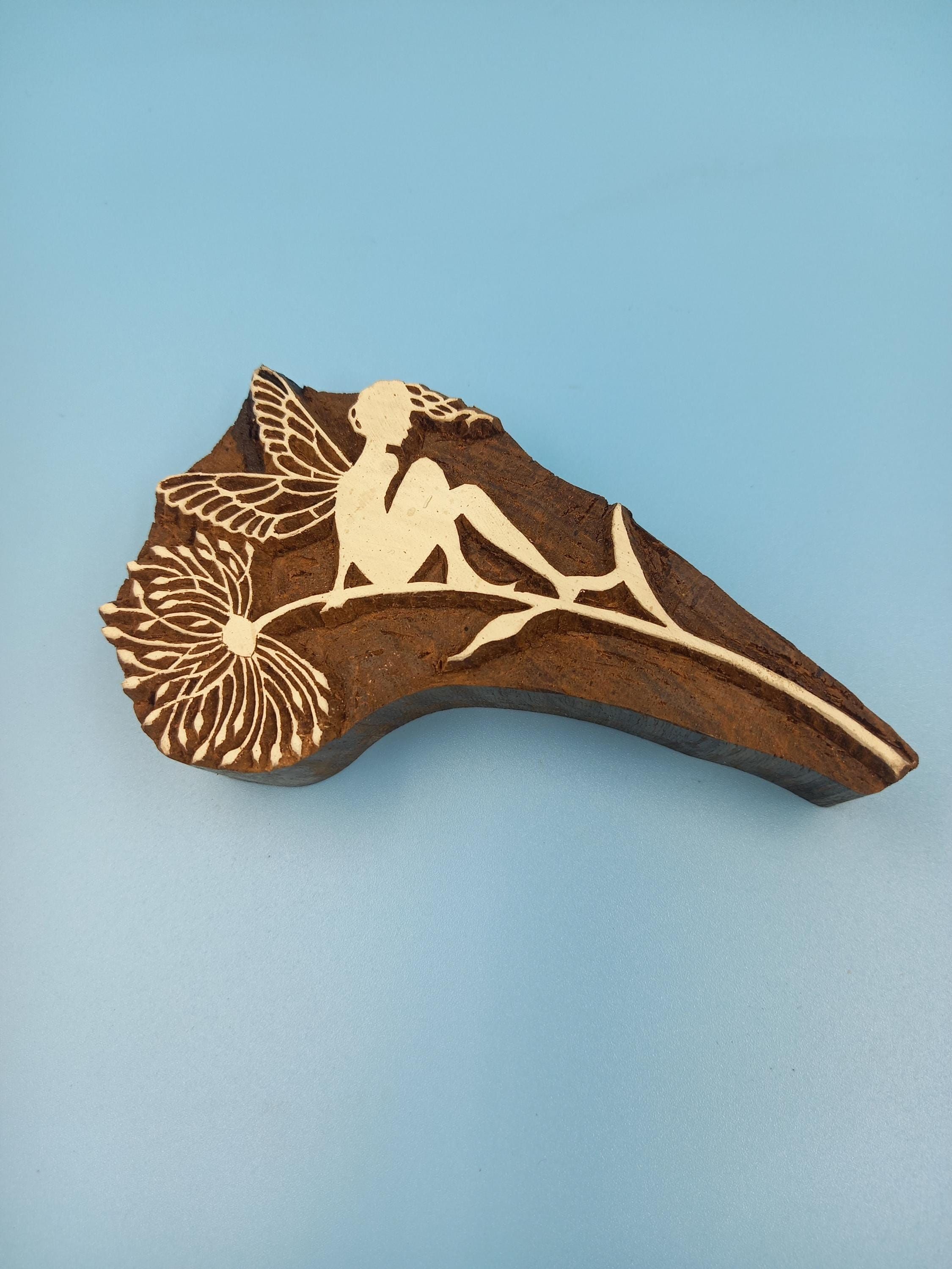 Fairy on Branch Wooden Printing Block Pottery Stamp, Batik Tjaps, Blaudruck stempel