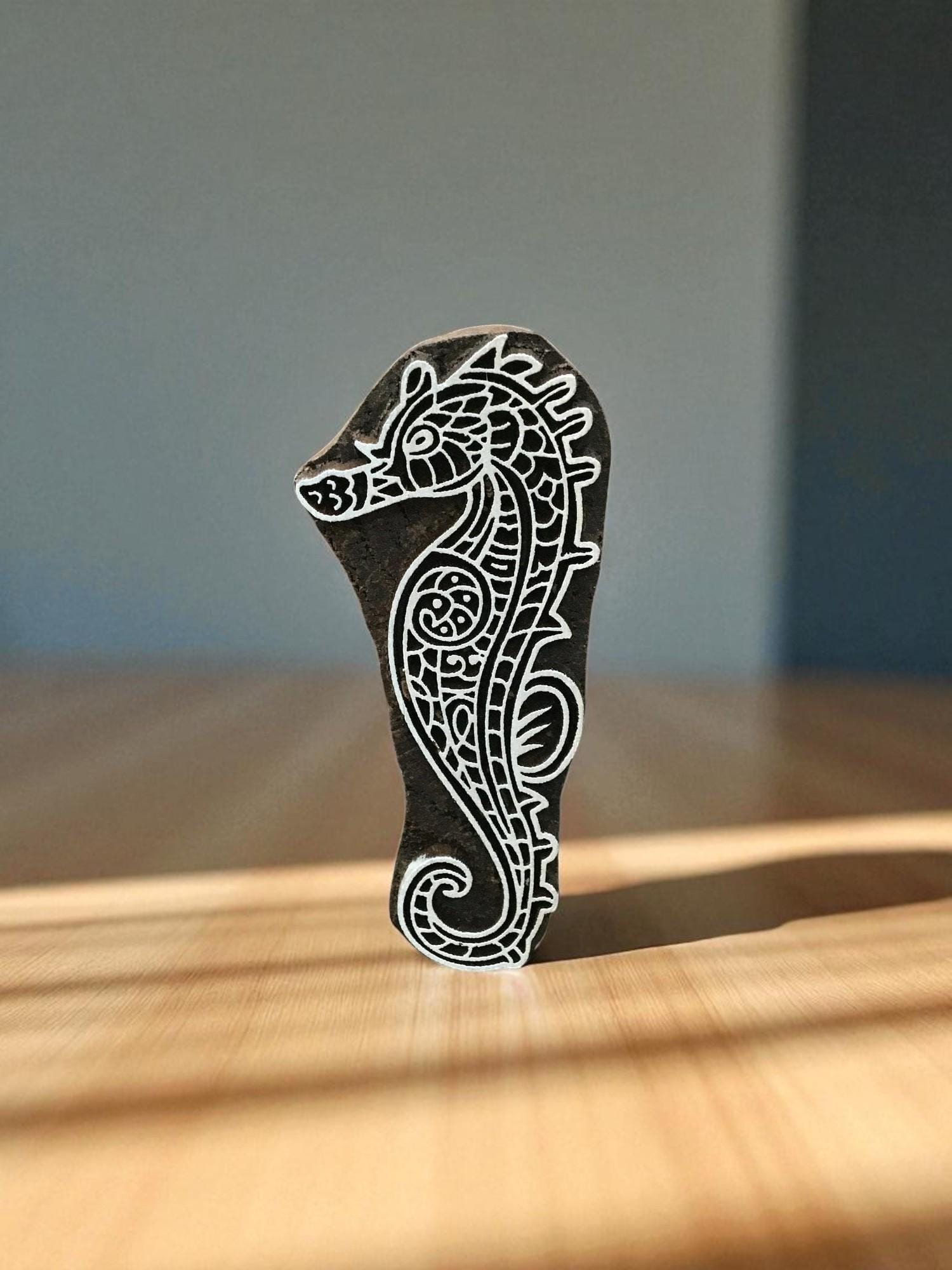 Zentangle seahorse, hand carved indian wood printing block; textile stamp; pottery stamp,