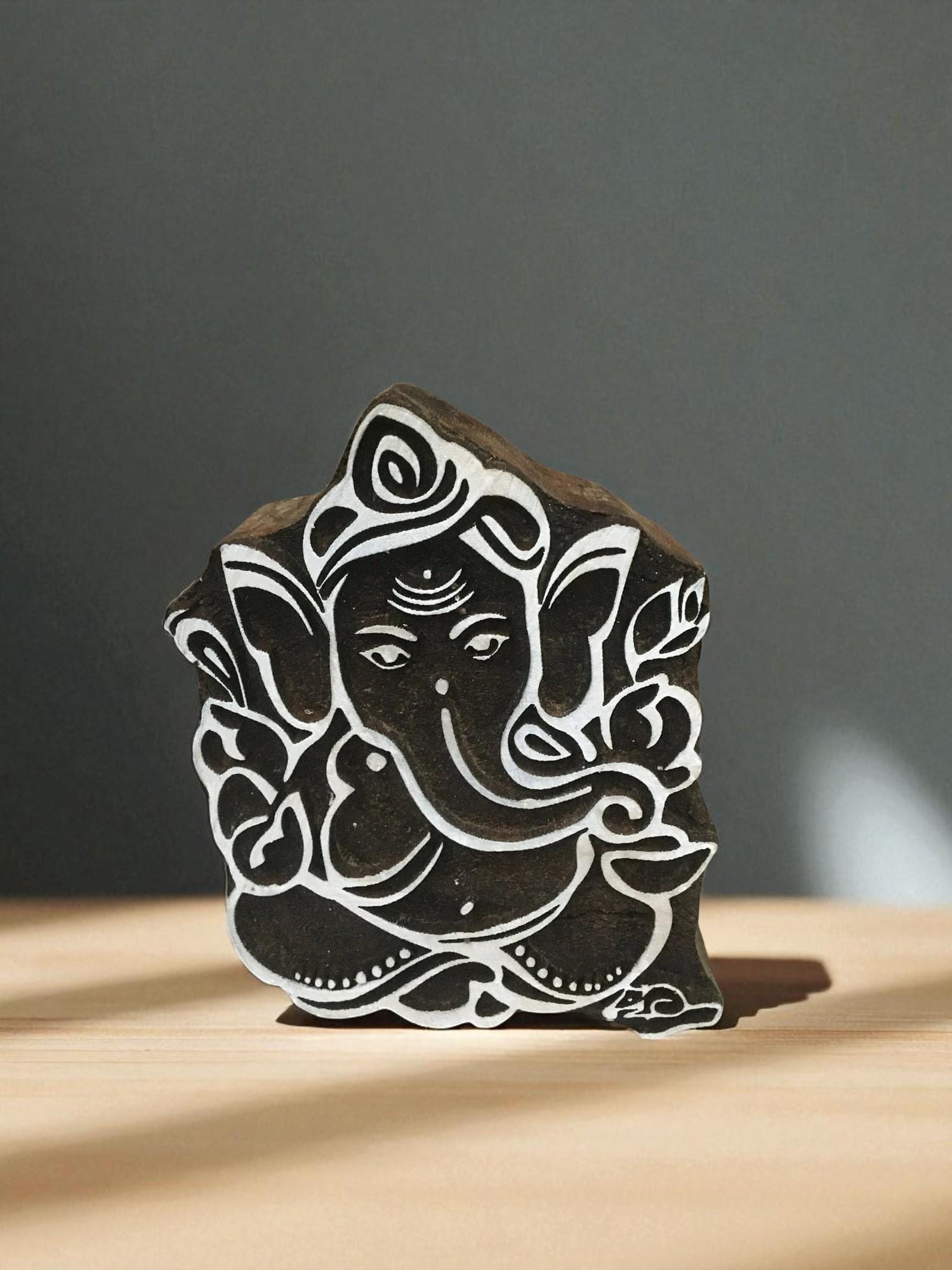 Ganesh Design Wooden Printing Block, Hand Carved Indian Stamp