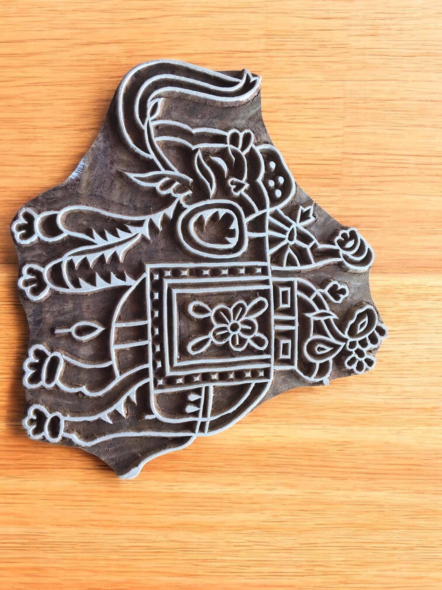 Elephant with howdah, hand carved Indian wood printing block; textile stamp; pottery stamp,