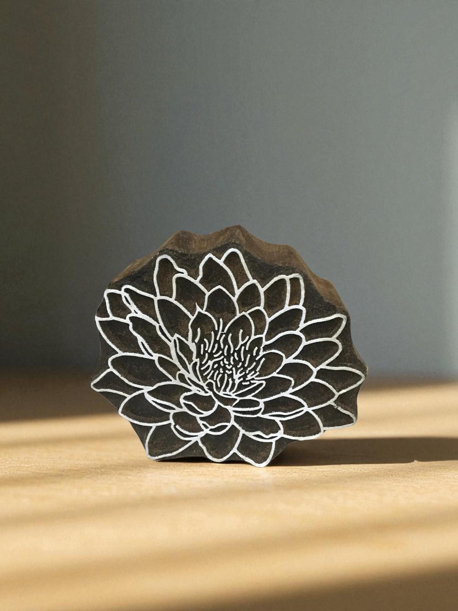 Hand Carved Lotus Wood Stamp, Indian Textile Printing Block (6cm)