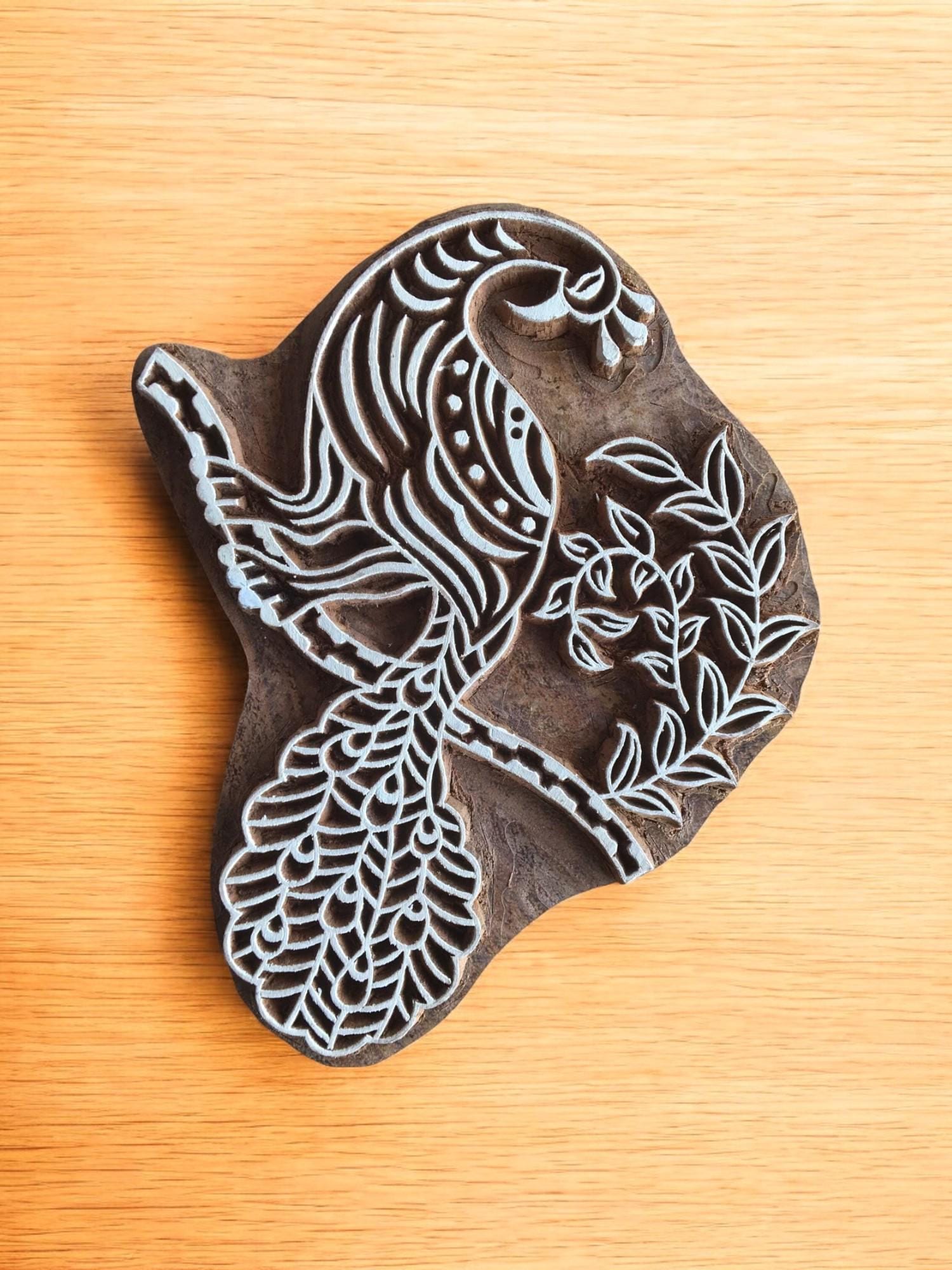 Hand Carved Peacock Wood Stamp, Indian Textile Printing Block (15x12cm)