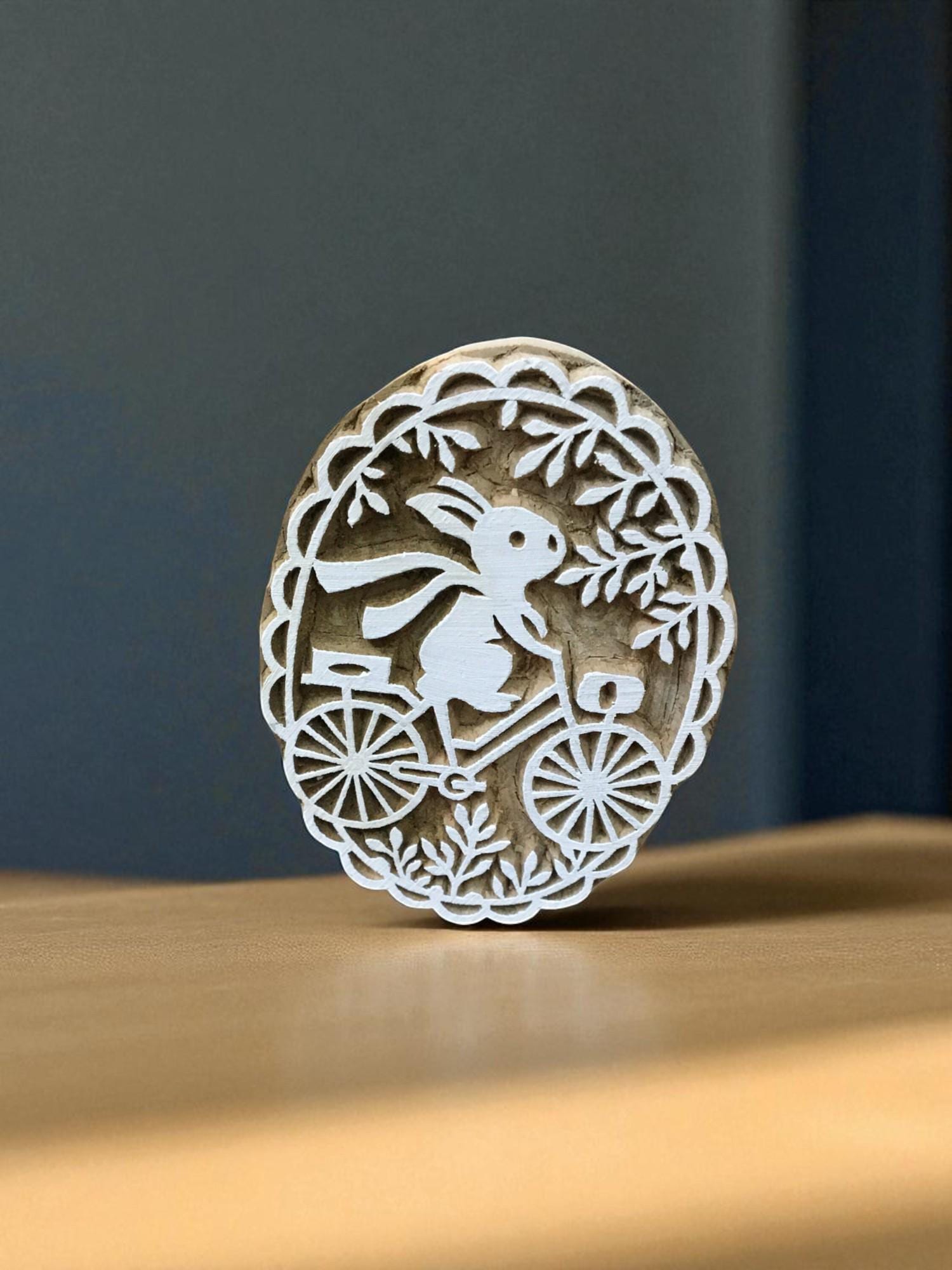 Rabbit on Bicycle Wood Block Stamp, Indian Textile Printing