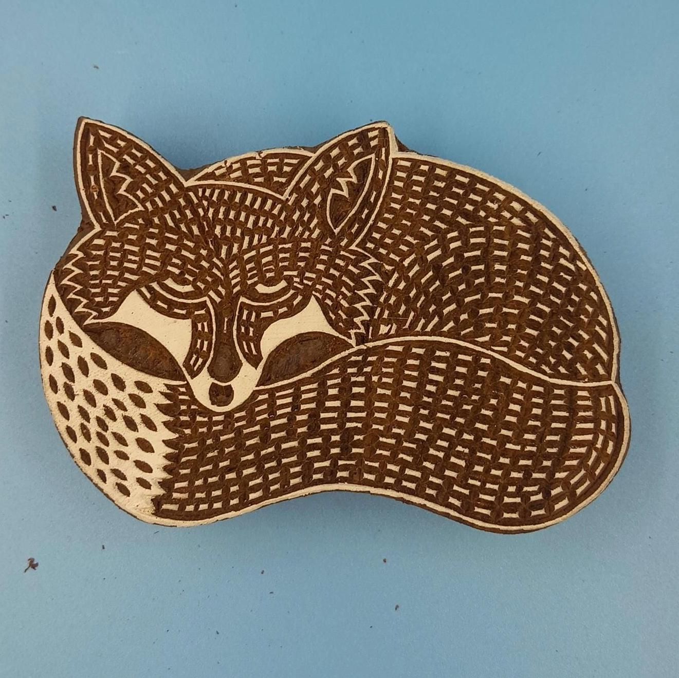 Silent Sitting Fox Wooden Printing Block Pottery Stamp, Batik Tjaps, Blaudruck stempel