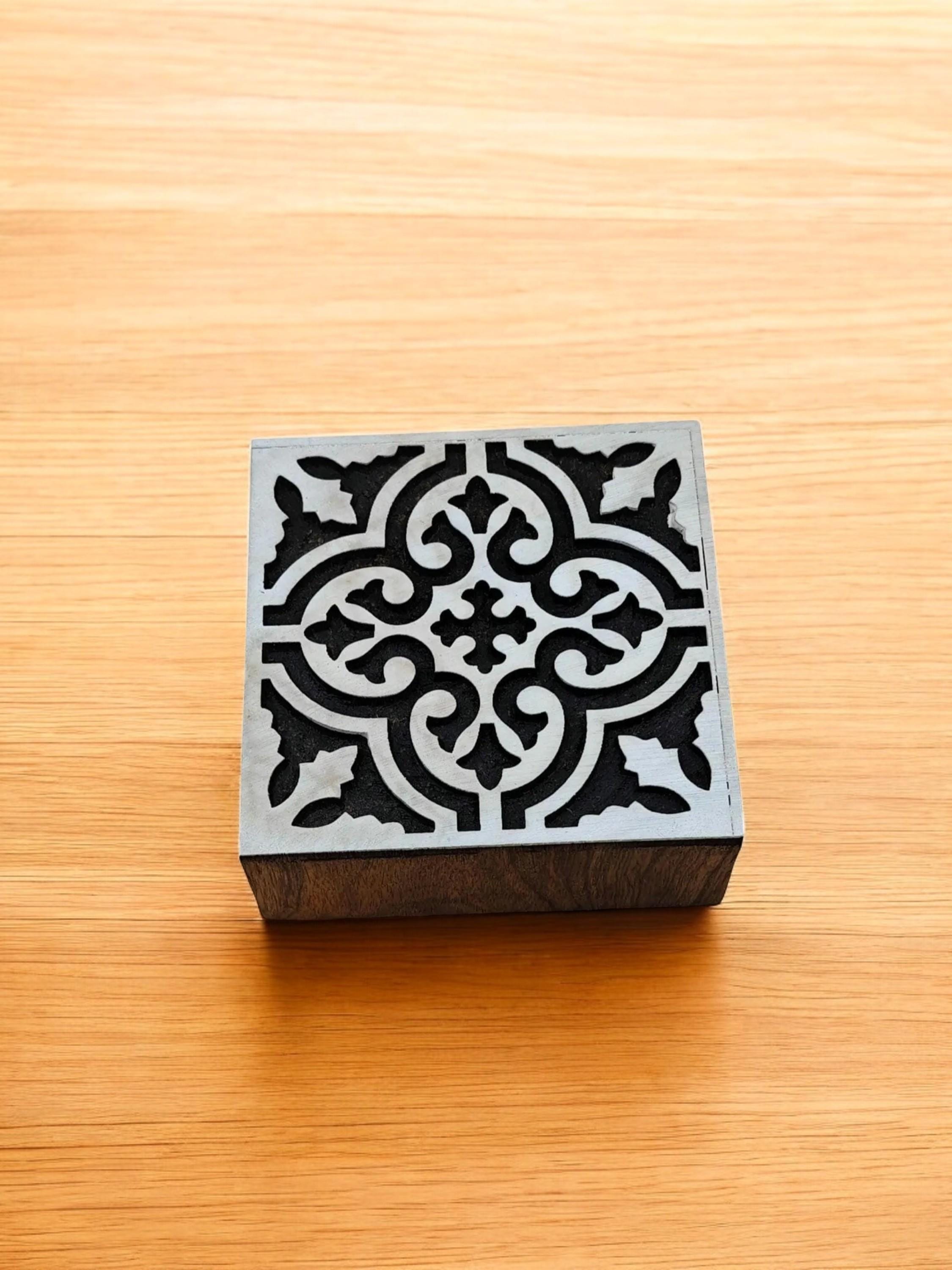 Moroccan Tile Wooden Printing Block Stamp, Floral Carved Tjap