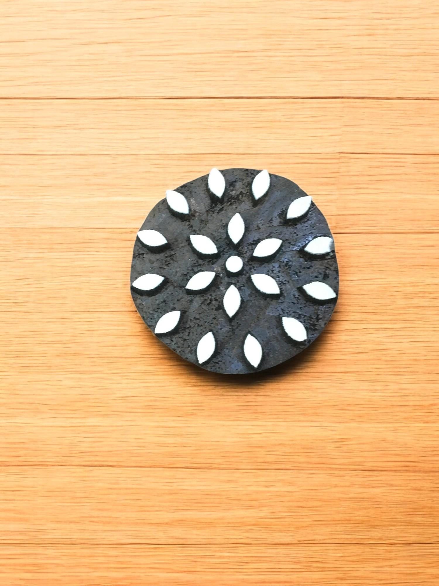 Hand Carved Indian Wood Block Stamp, Small Leaves Mandala