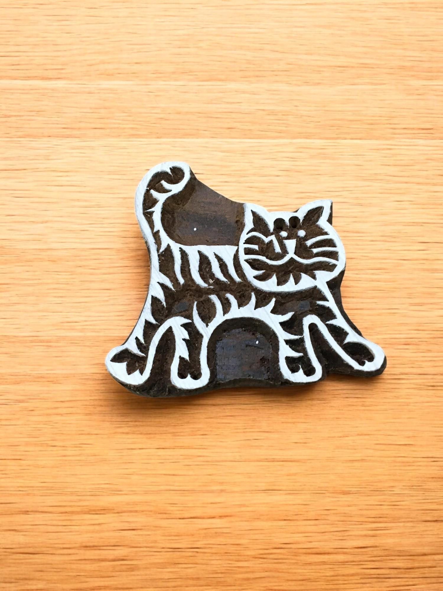 Small Cat, hand carved Indian wood printing block; textile stamp; pottery stamp,