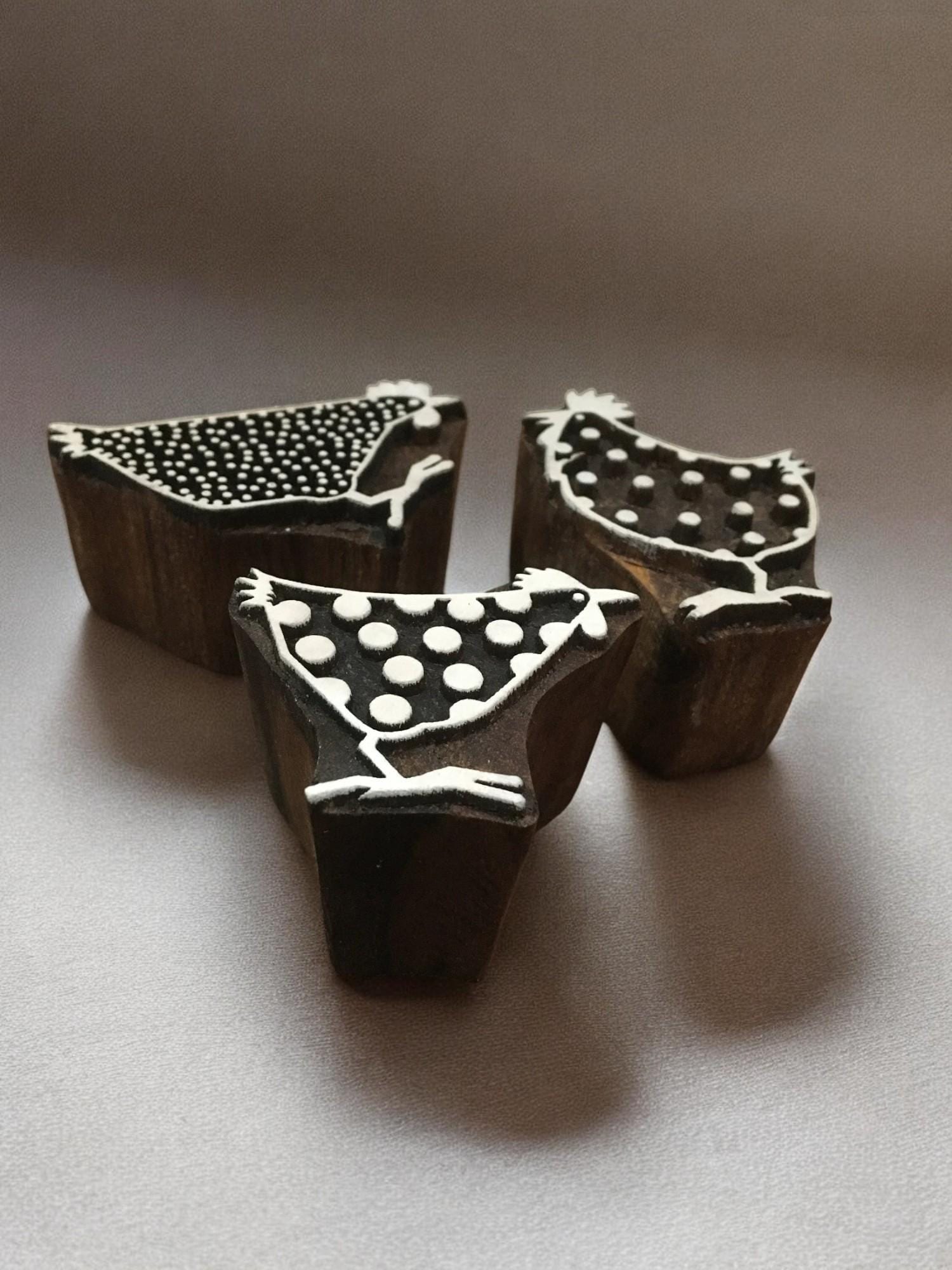 Funky Chickens Indian Wooden Printing Block, Batik Stamp