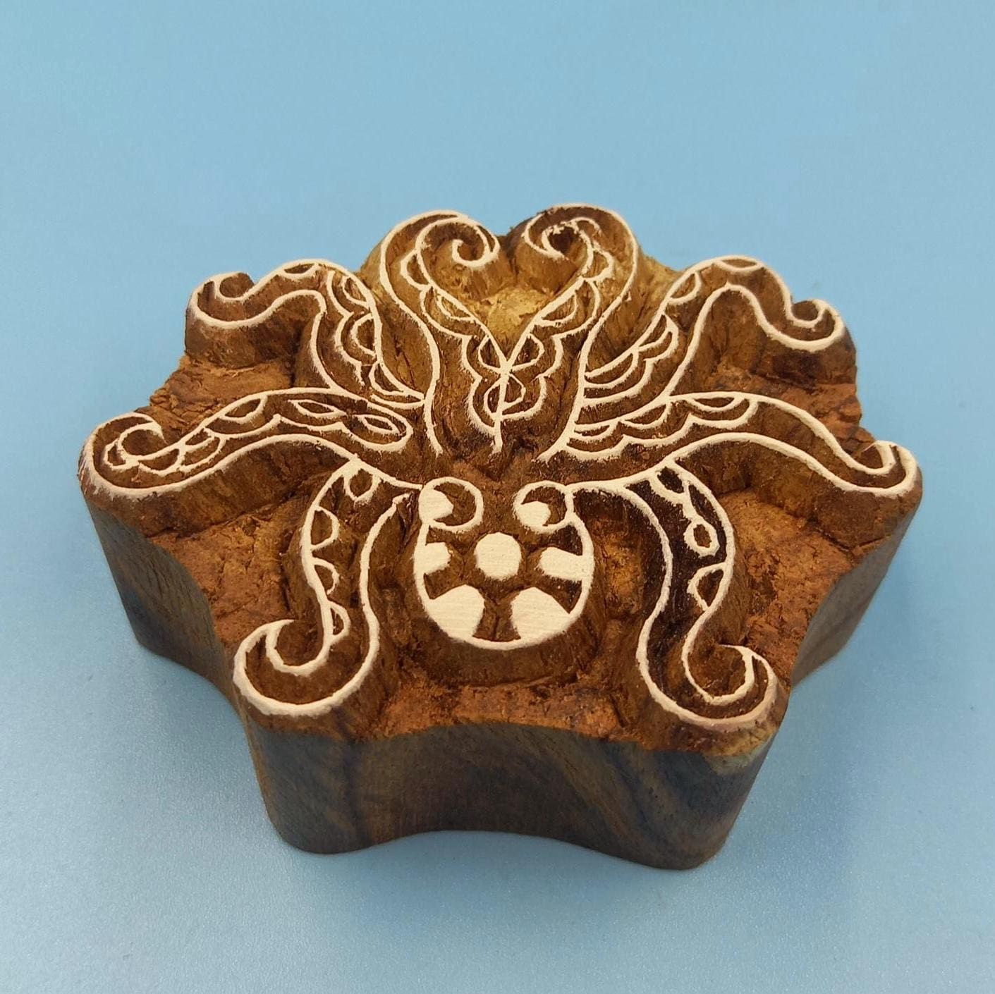 Zentangle Octopus Wooden Printing Block Pottery Stamp, Batik Tjaps, Blaudruck stempel