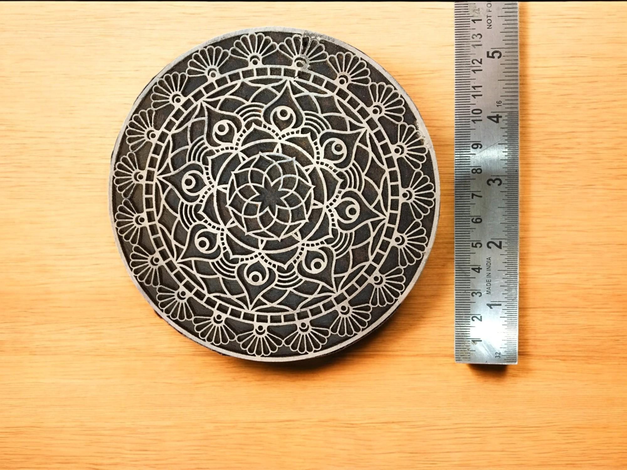 Floral Mandala Teak Wood Stamp, Pottery Textile Block (12.5cm)