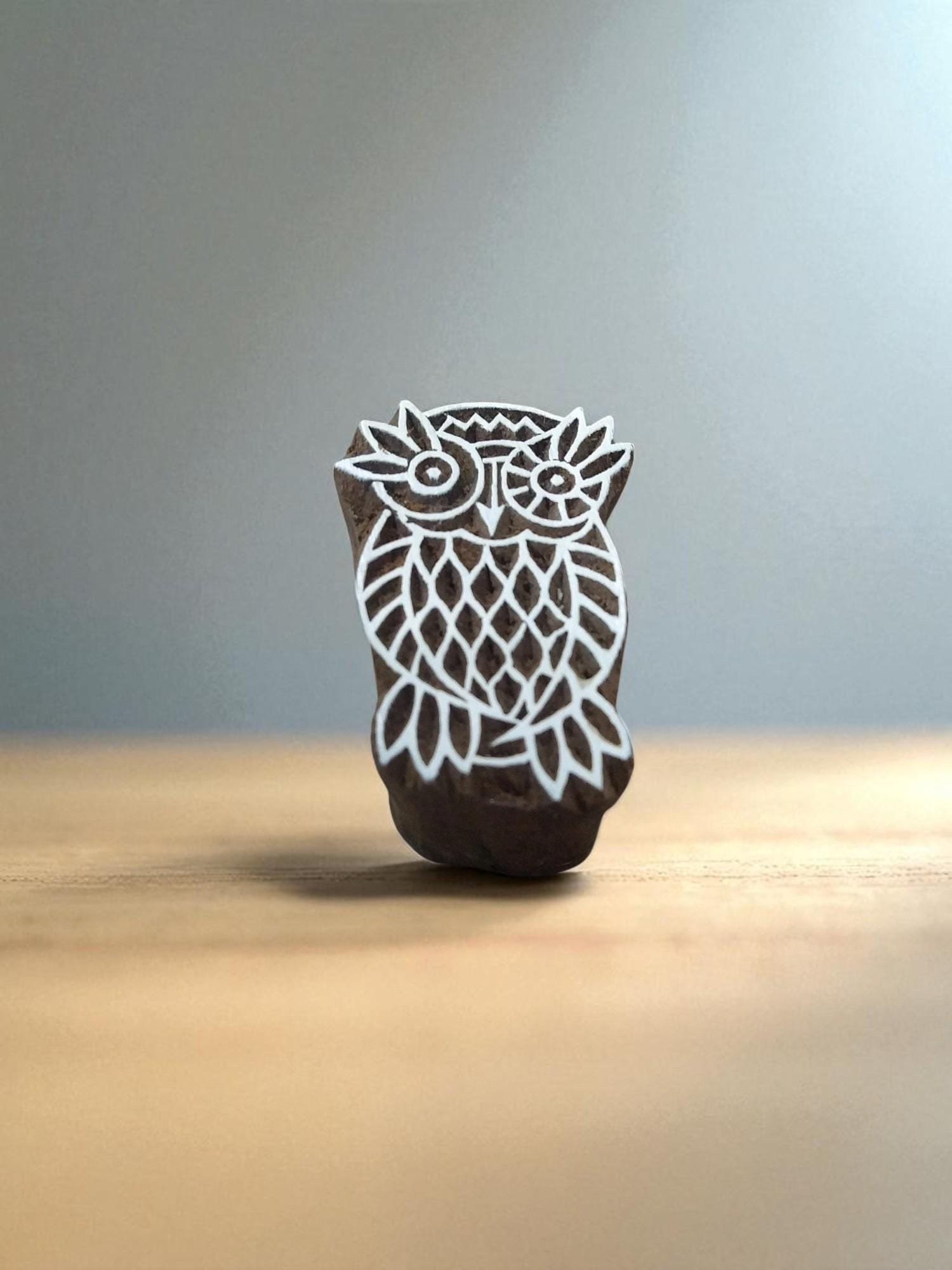 Owl on branch pose,  hand carved Indian wood printing block; textile stamp; pottery stamp,