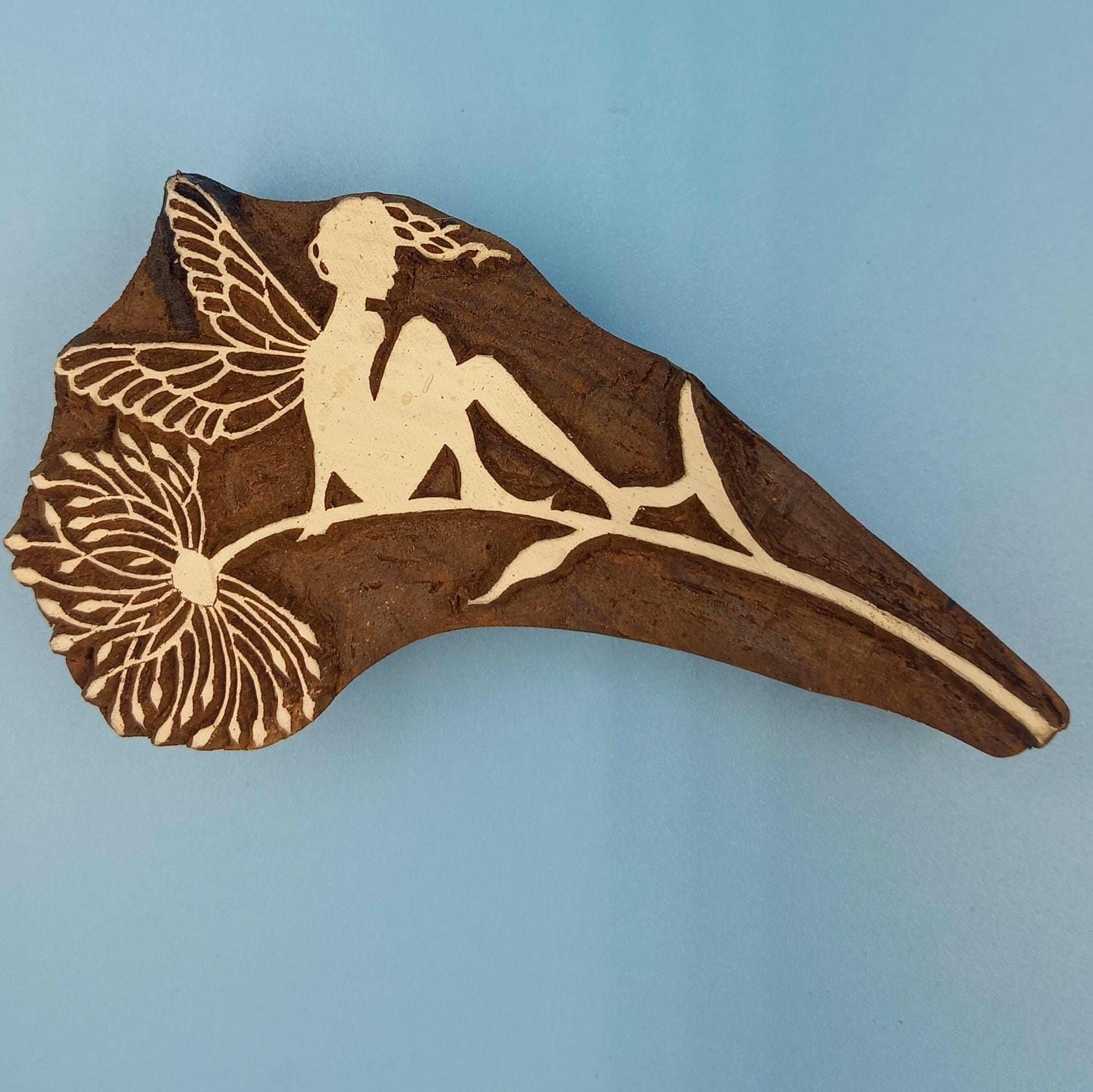 Fairy on Branch Wooden Printing Block Pottery Stamp, Batik Tjaps, Blaudruck stempel