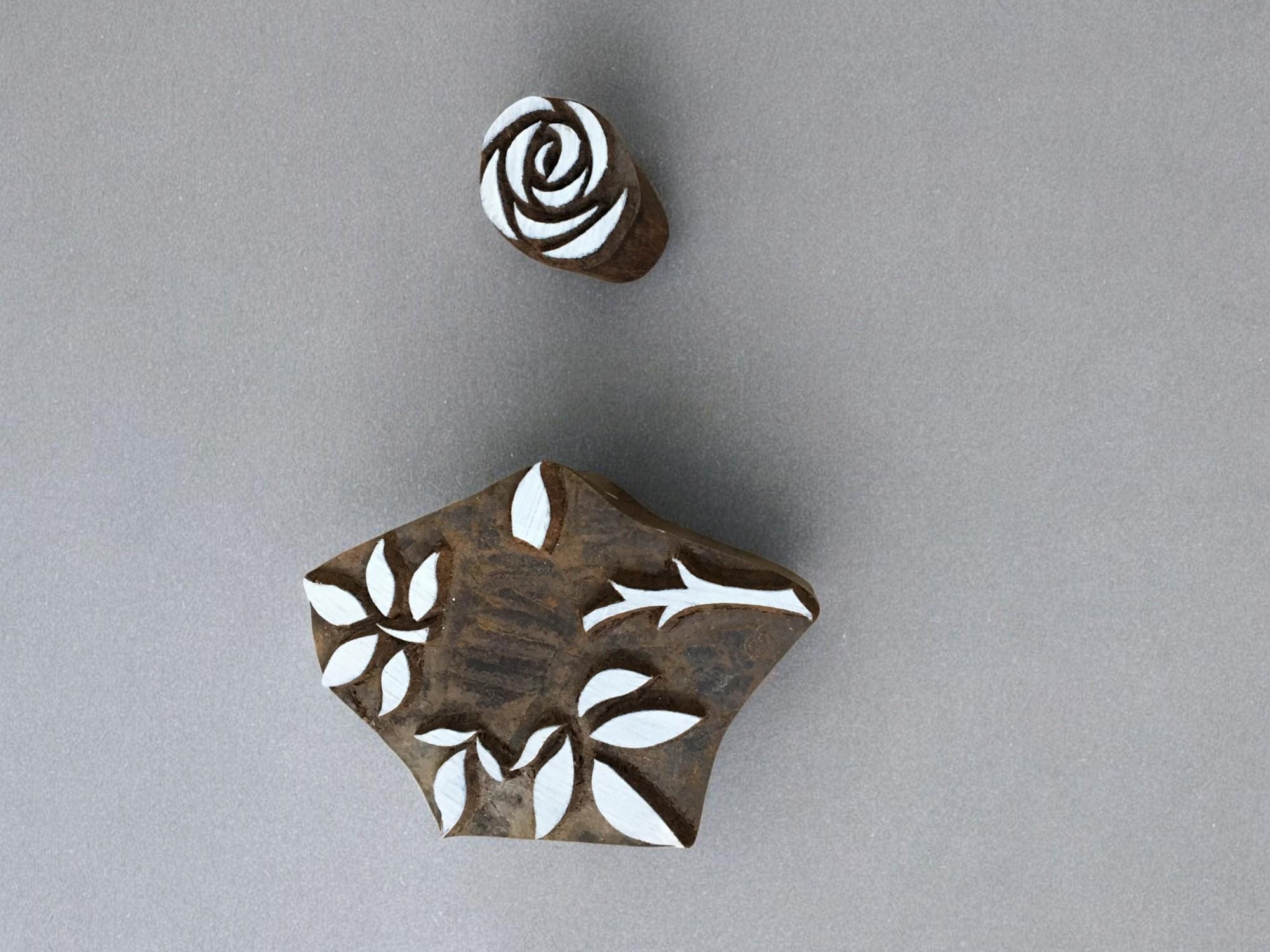 Hand Carved Rose & Leaf Indian Wood Stamp, Textile Pottery Block