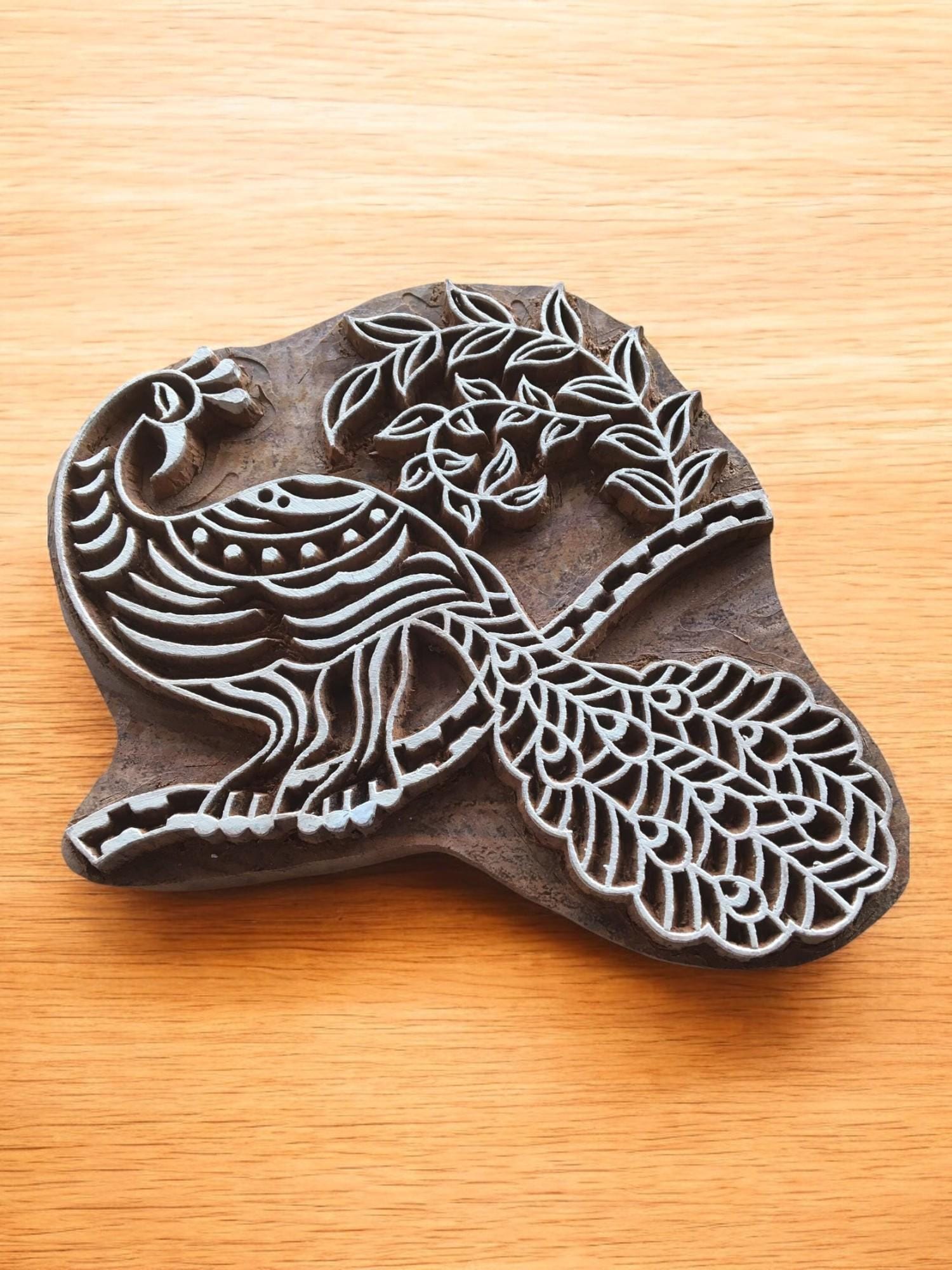 Hand Carved Peacock Wood Stamp, Indian Textile Printing Block (15x12cm)