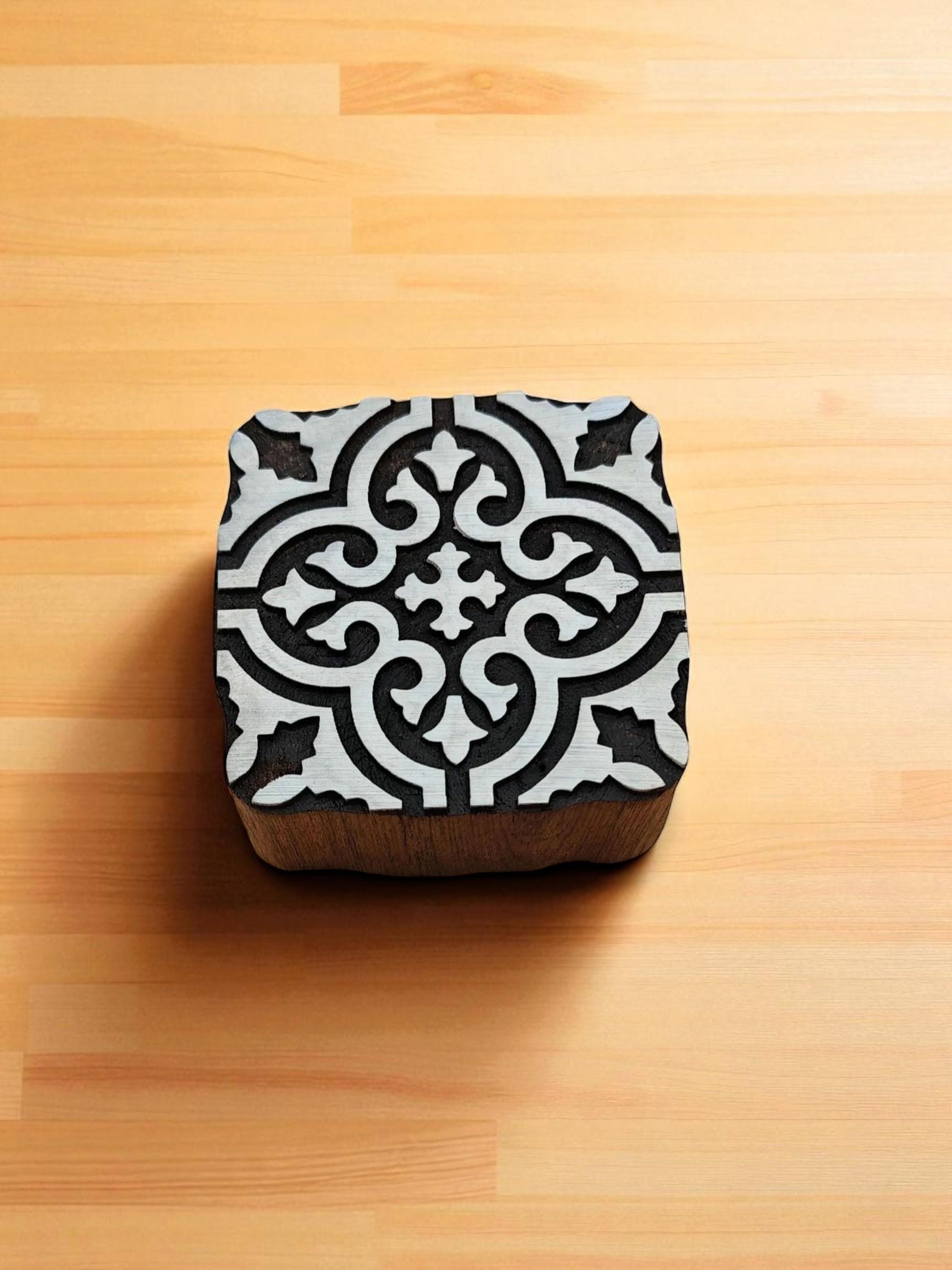 Moroccan Tile Wooden Printing Block Stamp, Floral Carved Tjap