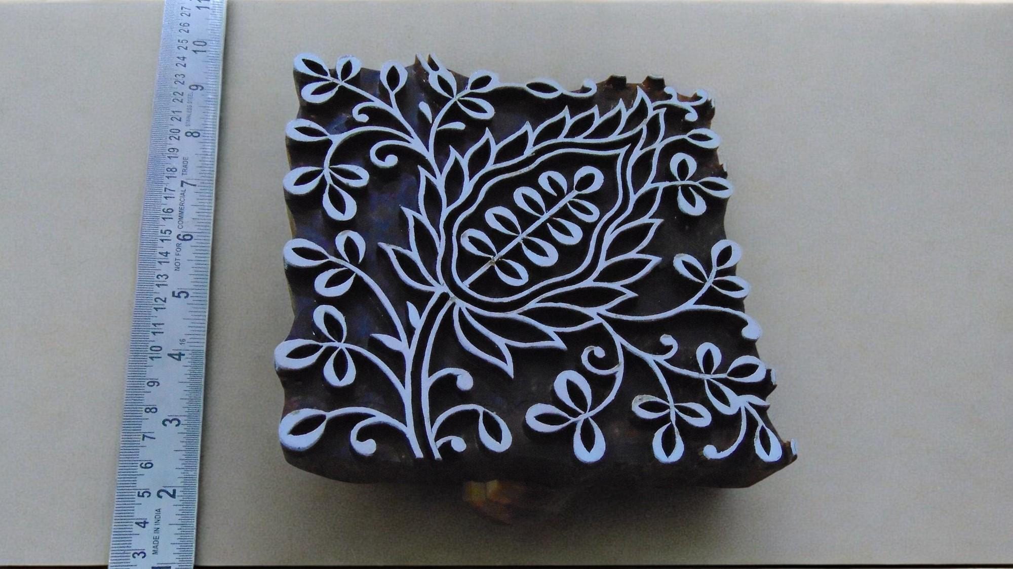 Hand Carved Indian Wood Printing Block, Leaf Design Textile Stamp
