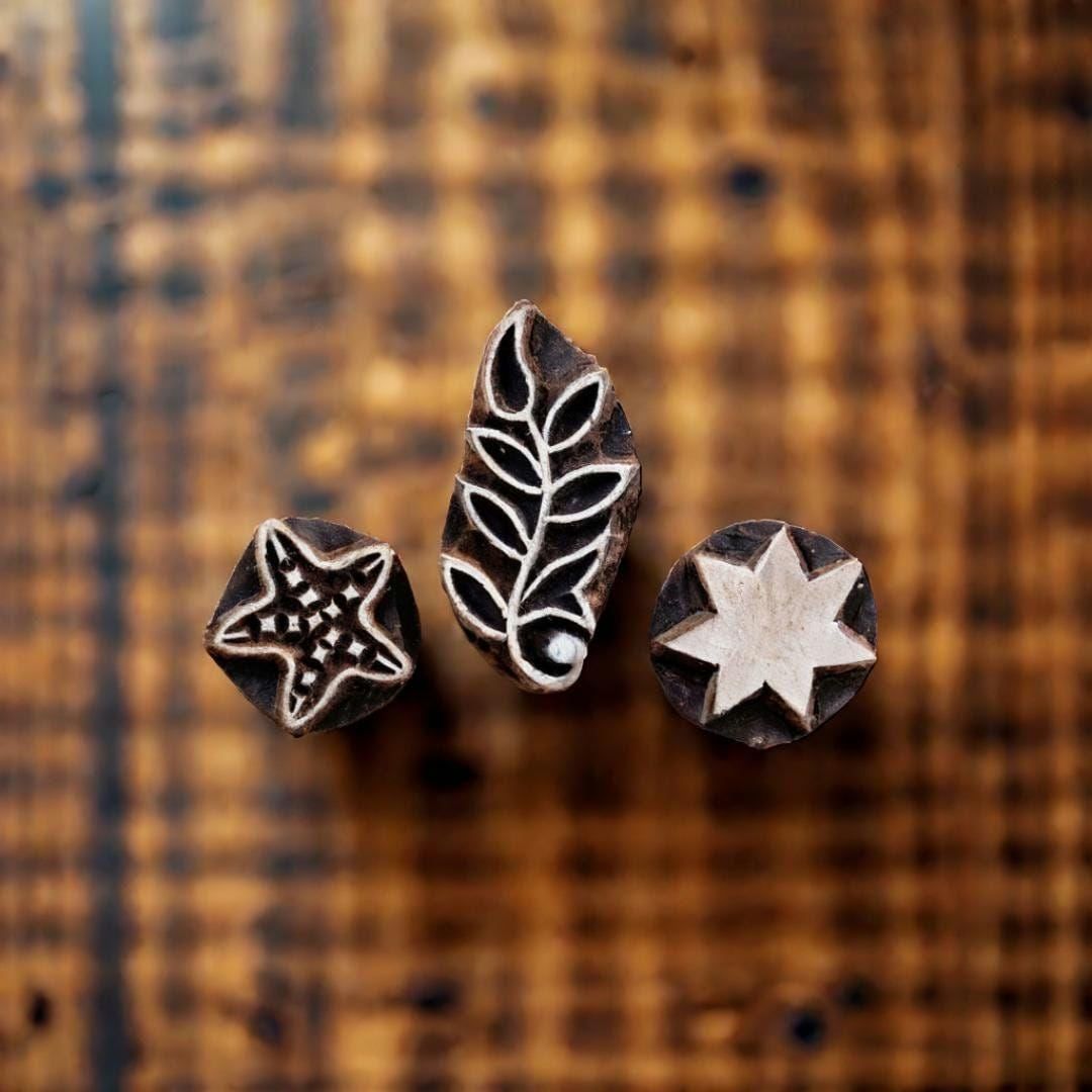 Hand Carved Teak Wood Block Set – Floral & Star Stamps