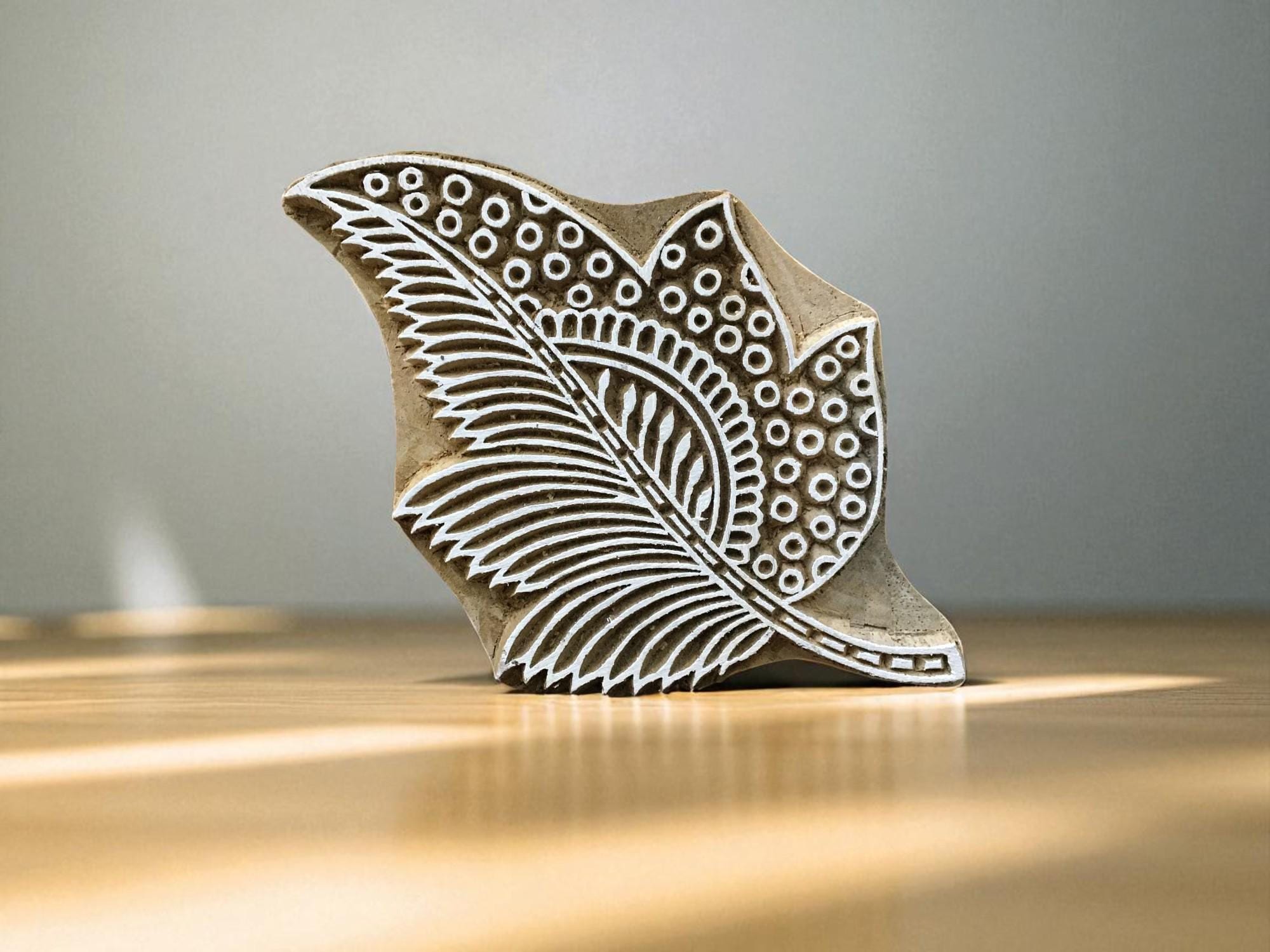 Detailed Stylized Leaf  hand carved Indian wood printing block; textile stamp; pottery stamp,