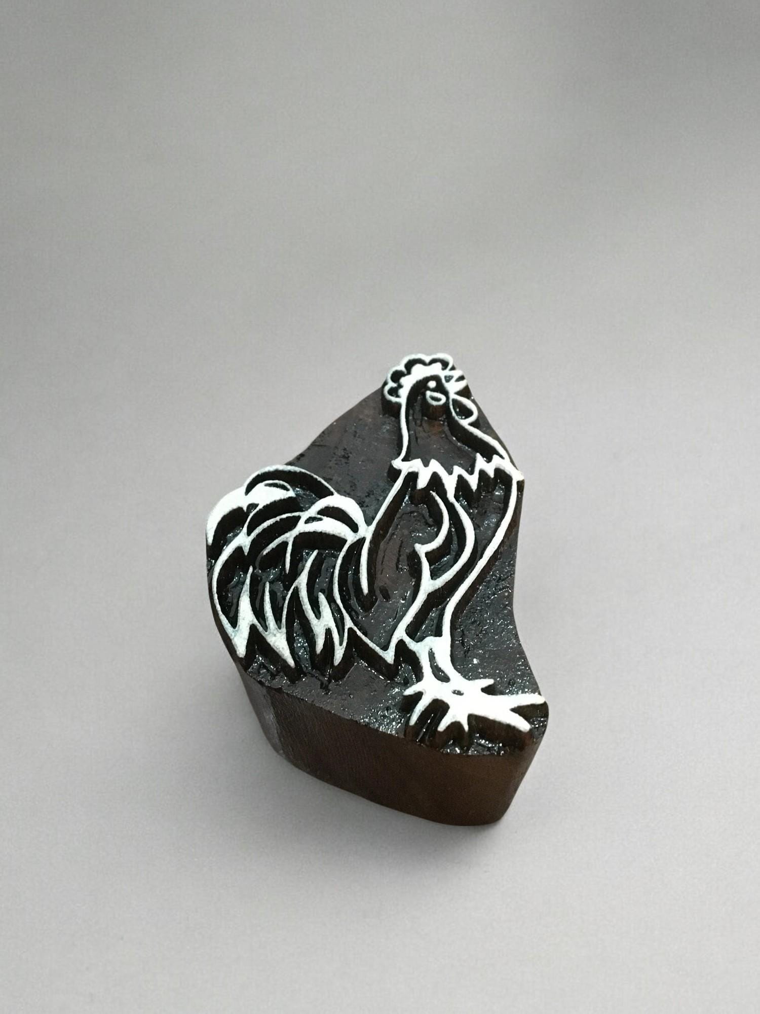 Cockerel Printing Block – Hand Carved Indian Wood Textile Stamp