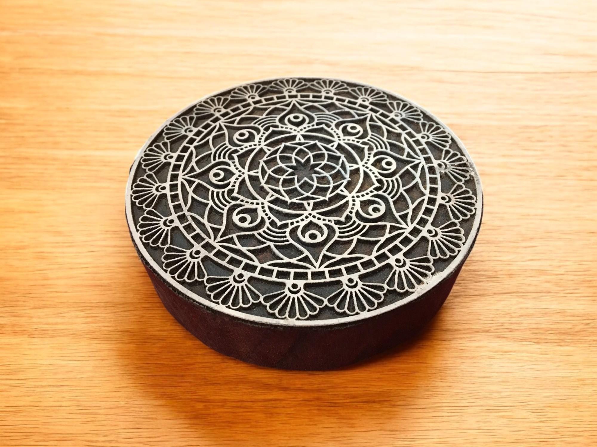 Floral Mandala Teak Wood Stamp, Pottery Textile Block (12.5cm)
