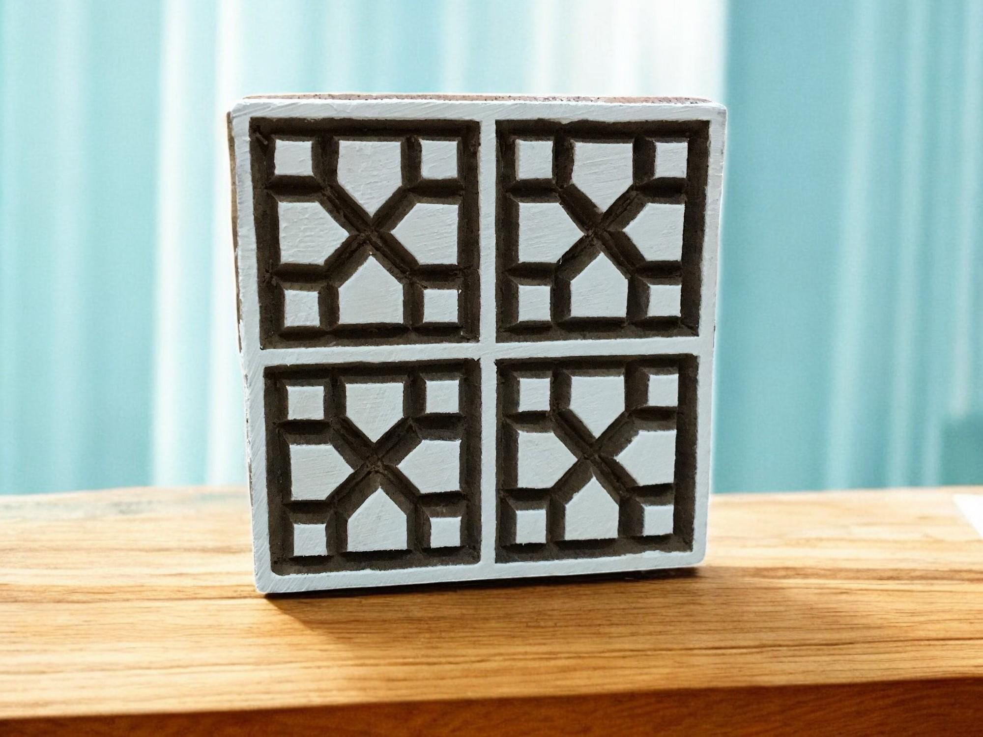Geometric Square Wood Stamp: Hand Carved Printing Block