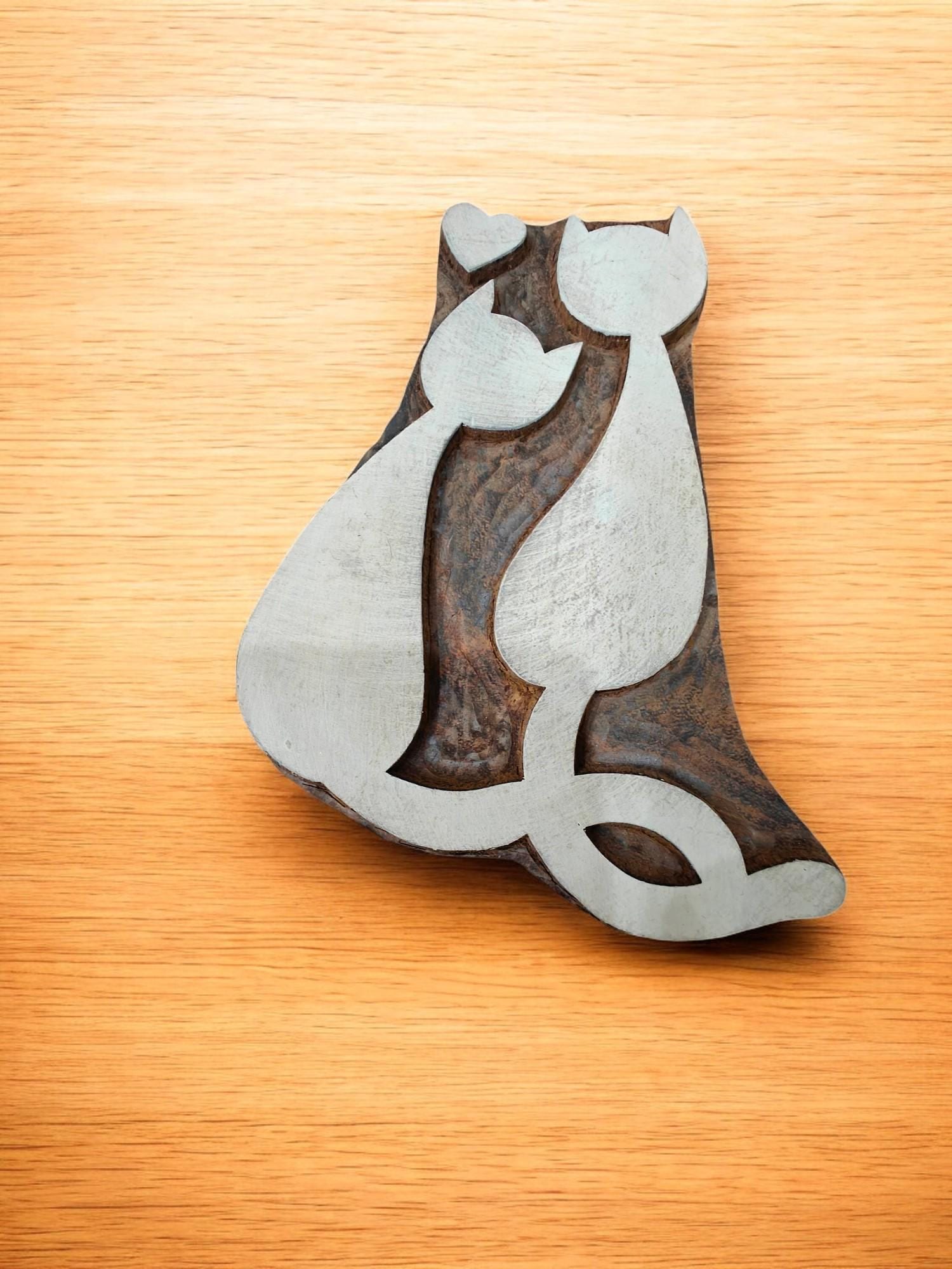 Bonded Cats Wooden Carved Stamp, Handmade Fabric Block Print