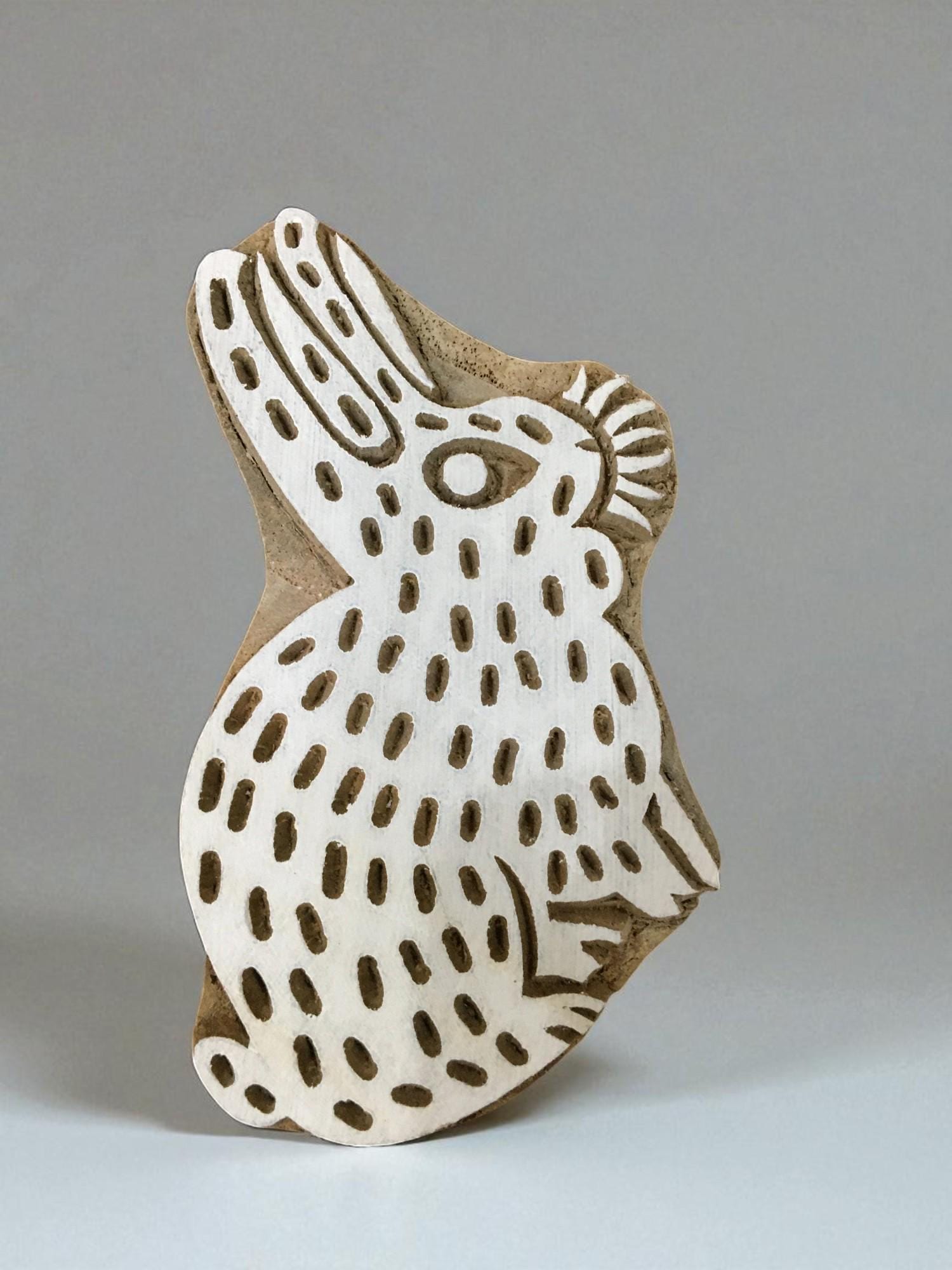 Leaping & A sleeping rabbit  hand carved Indian wood printing block; textile stamp; pottery stamp,