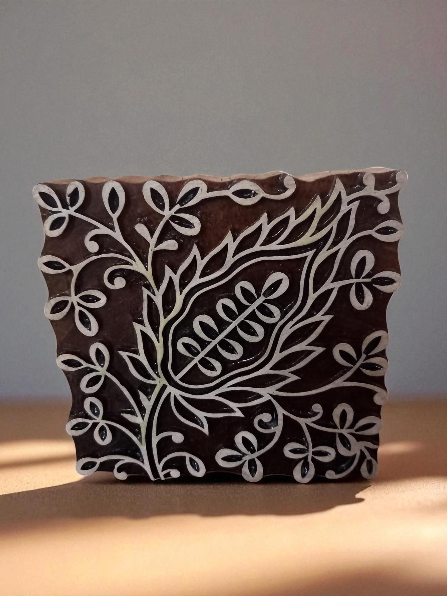 Hand Carved Indian Wood Printing Block, Leaf Design Textile Stamp