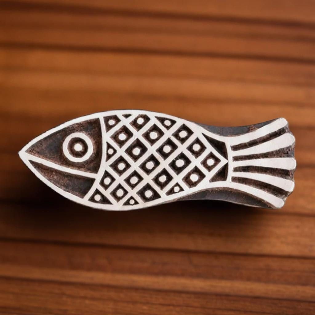 Hand Carved Wood Stamp, Fish Tales Design