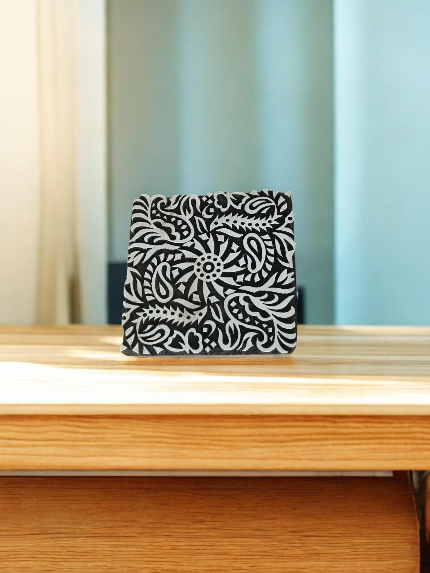 Hand Carved Indian Wood Printing Block – Detailed Flower Tile