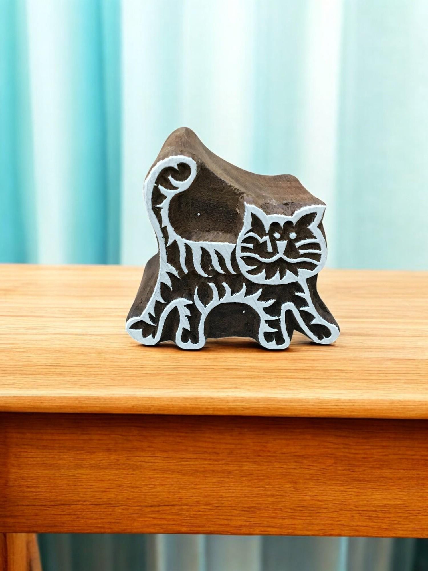 Small Cat, hand carved Indian wood printing block; textile stamp; pottery stamp,