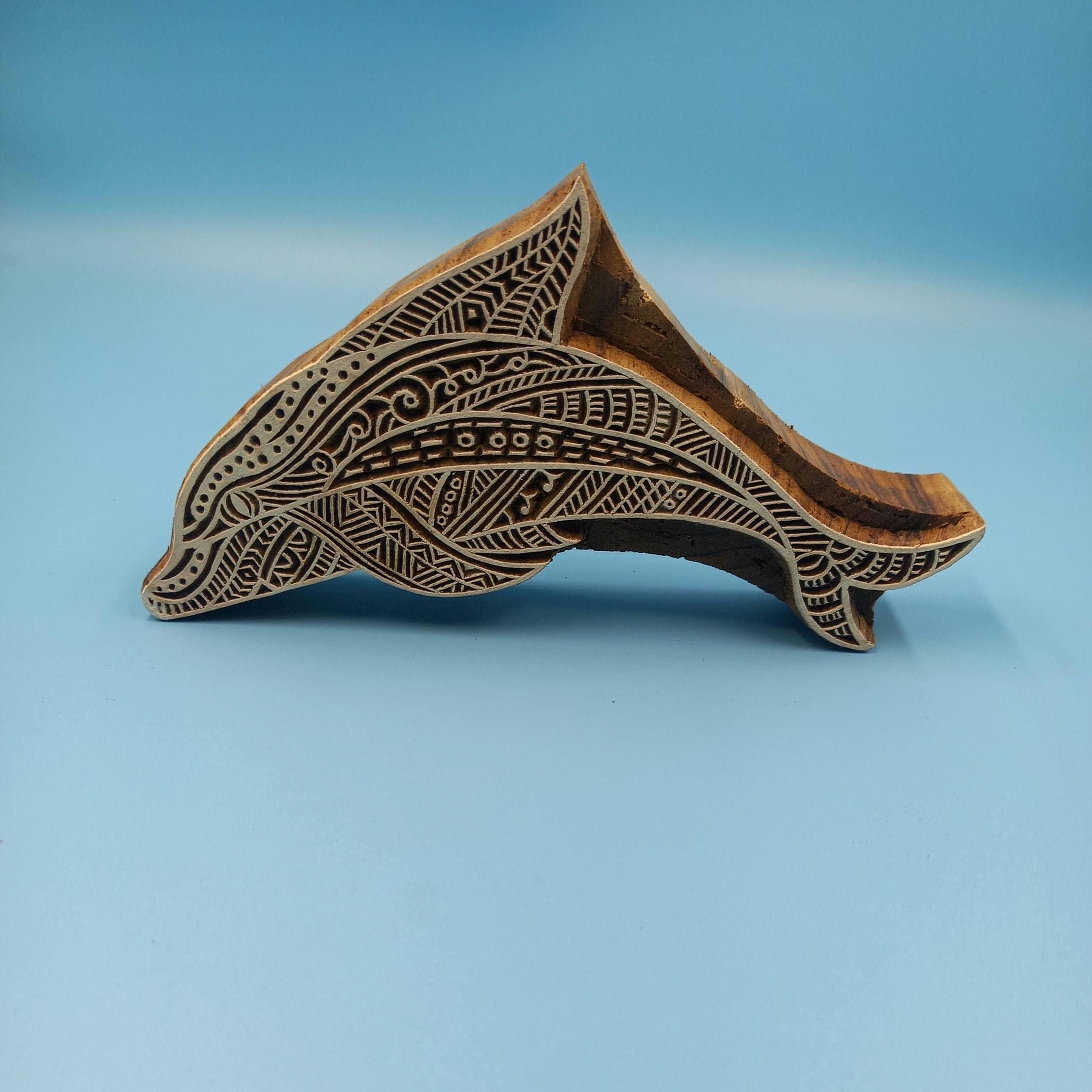 Zentangle Dolphin Wooden Printing Block Pottery Stamp, Batik Tjaps, Blaudruck stempel