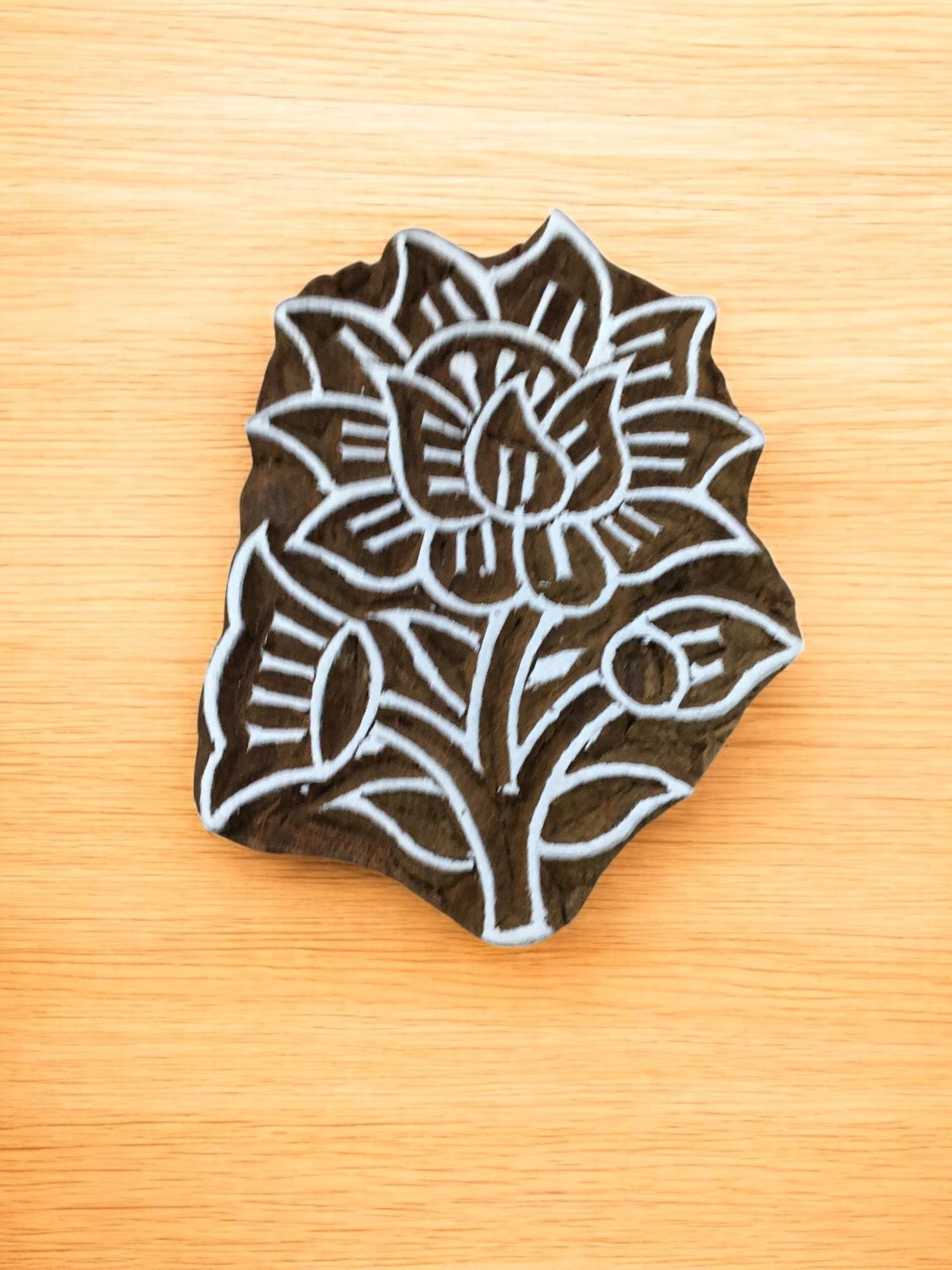 Flower with leaves, hand carved Indian wood printing block; textile stamp; pottery stamp,