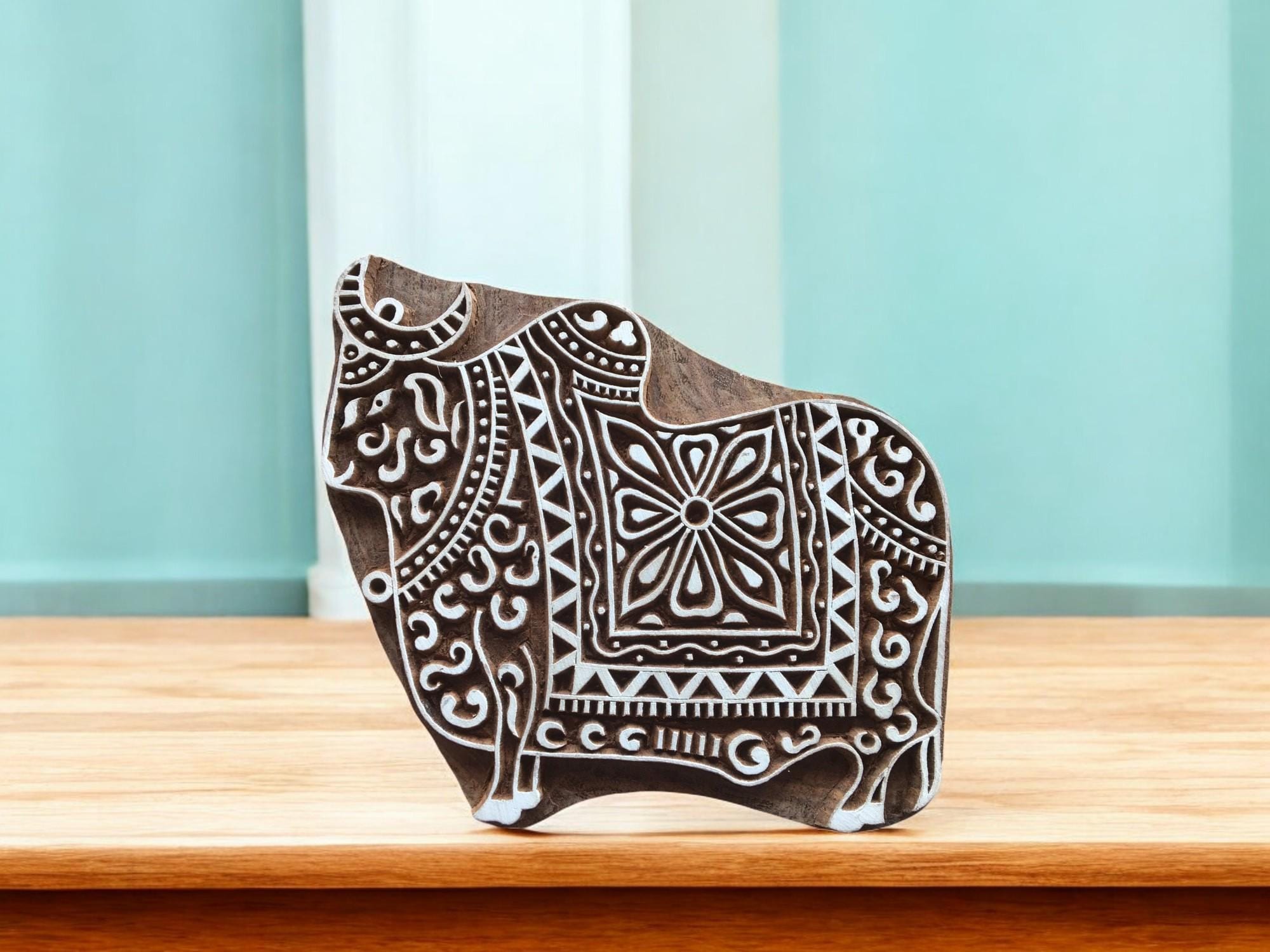 Indian Bull Wooden Printing Block, Hand Carved Batik Stamp