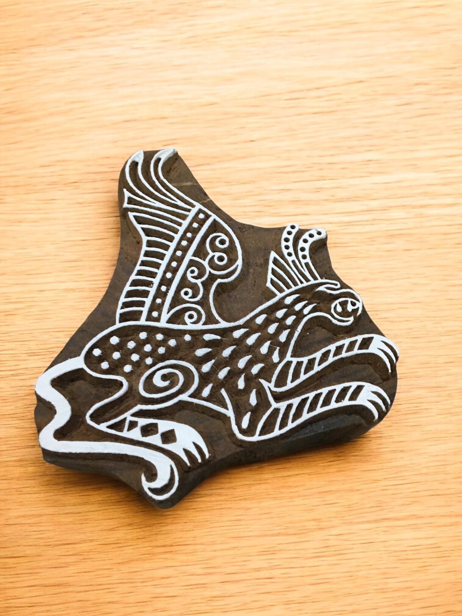 Griffin, hand carved Indian wood printing block; textile stamp; pottery stamp,