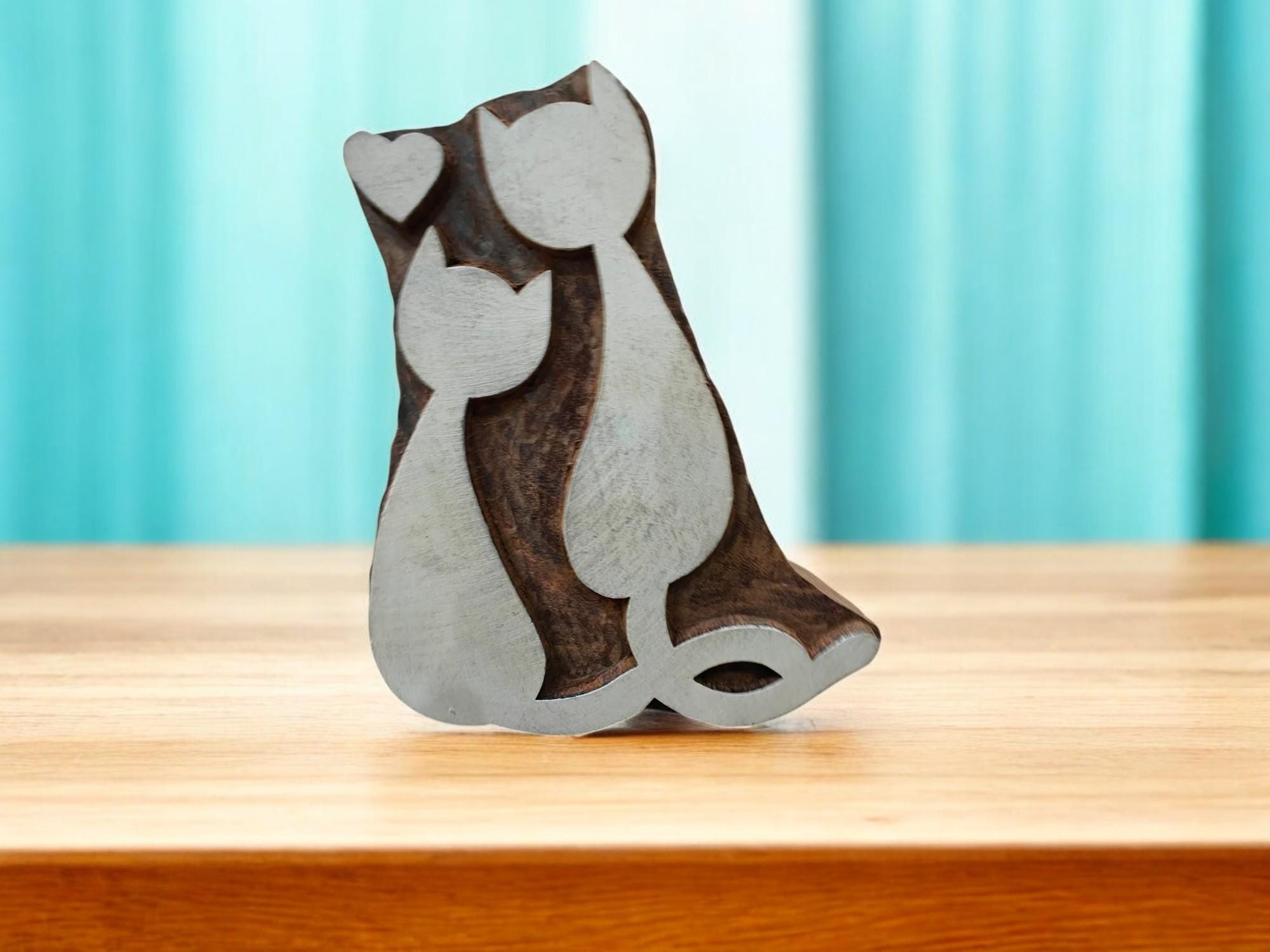 Bonded Cats Wooden Carved Stamp, Handmade Fabric Block Print