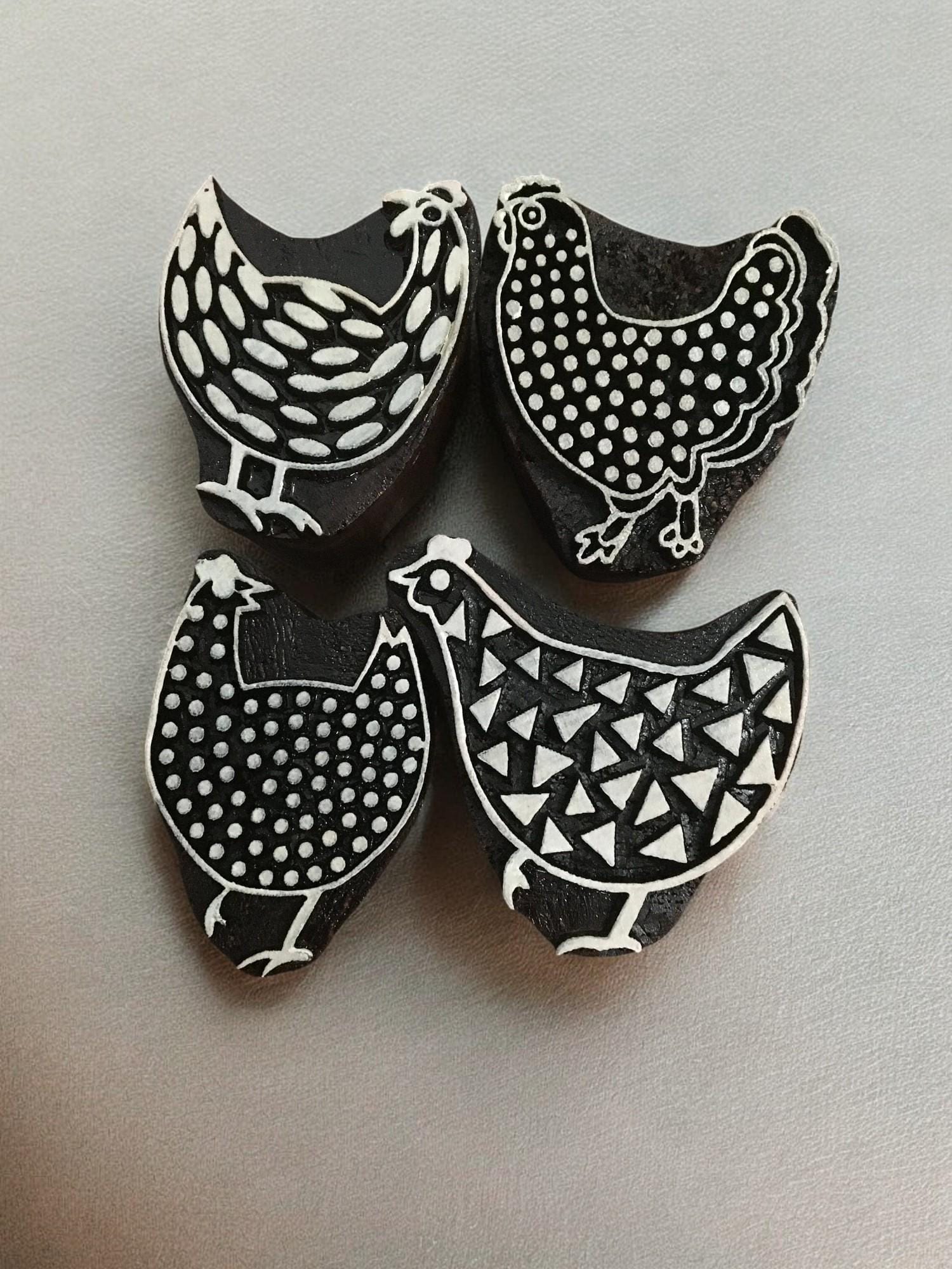 Hand Carved Chicken Printing Blocks, Indian Wood Stamps, Easter Decor