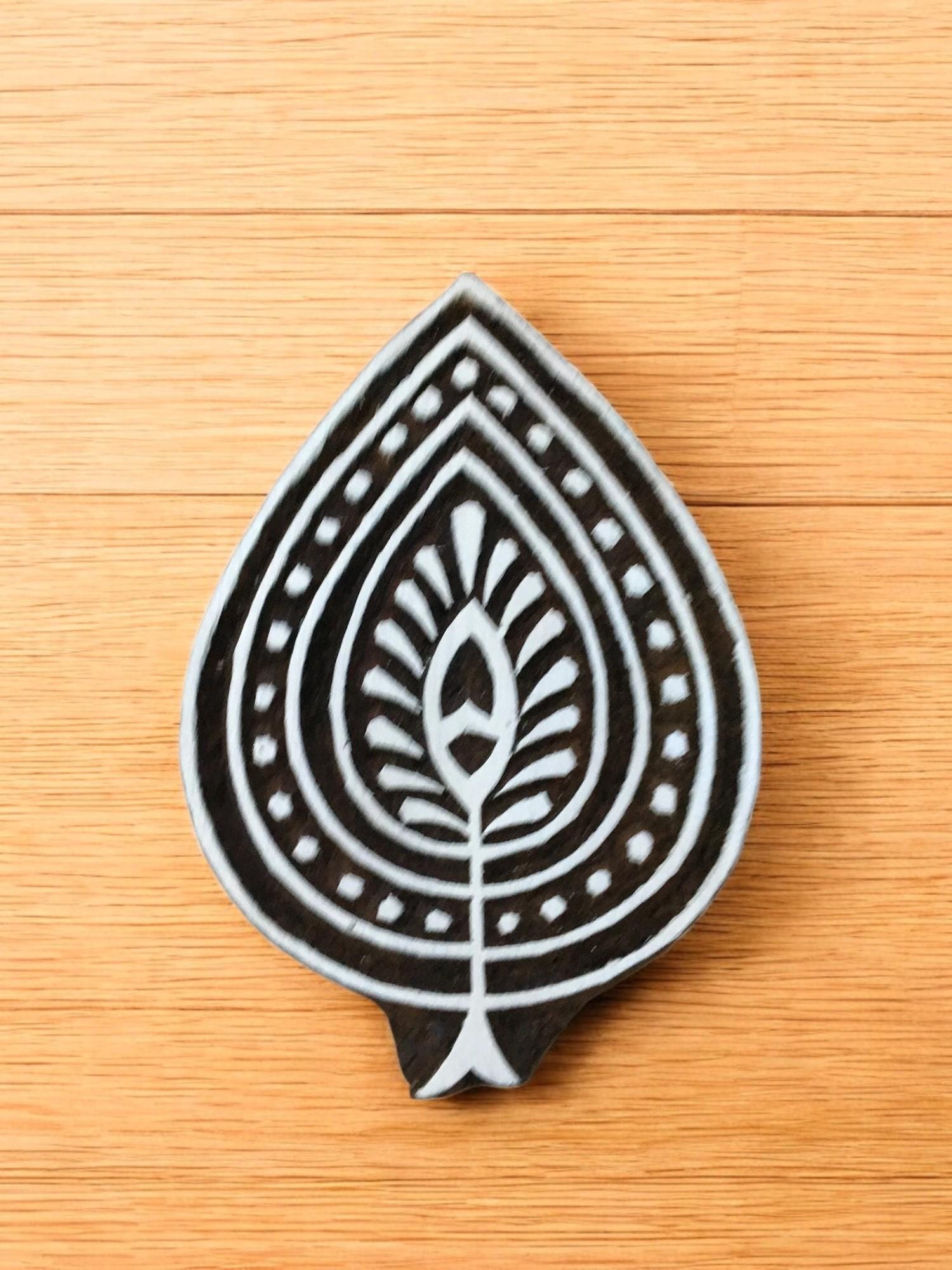 leaf, hand carved Indian wood printing block; textile stamp; pottery stamp,