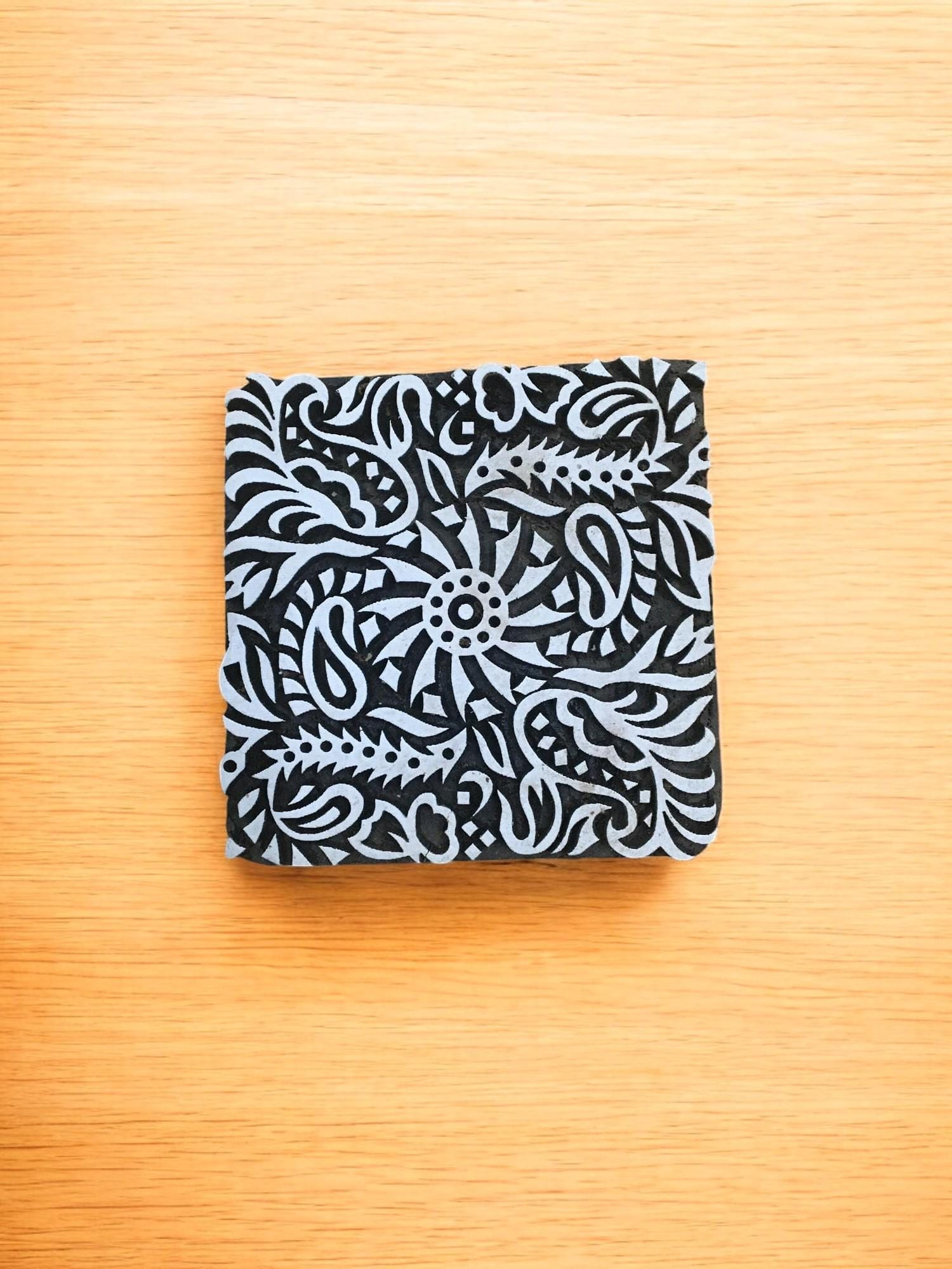 Hand Carved Indian Wood Printing Block – Detailed Flower Tile