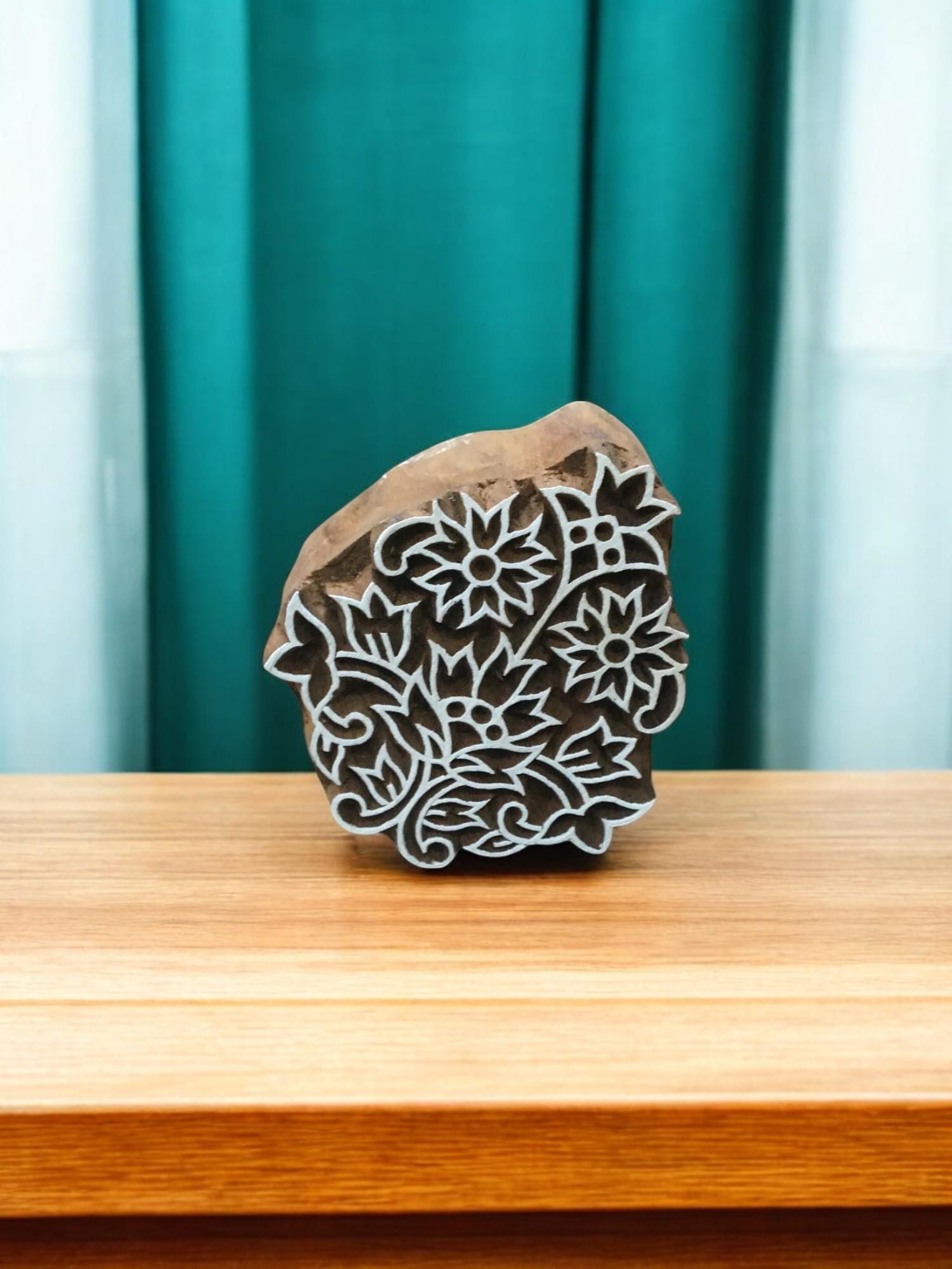 Oriental Flower, hand carved Indian wood printing block; textile stamp; pottery stamp,