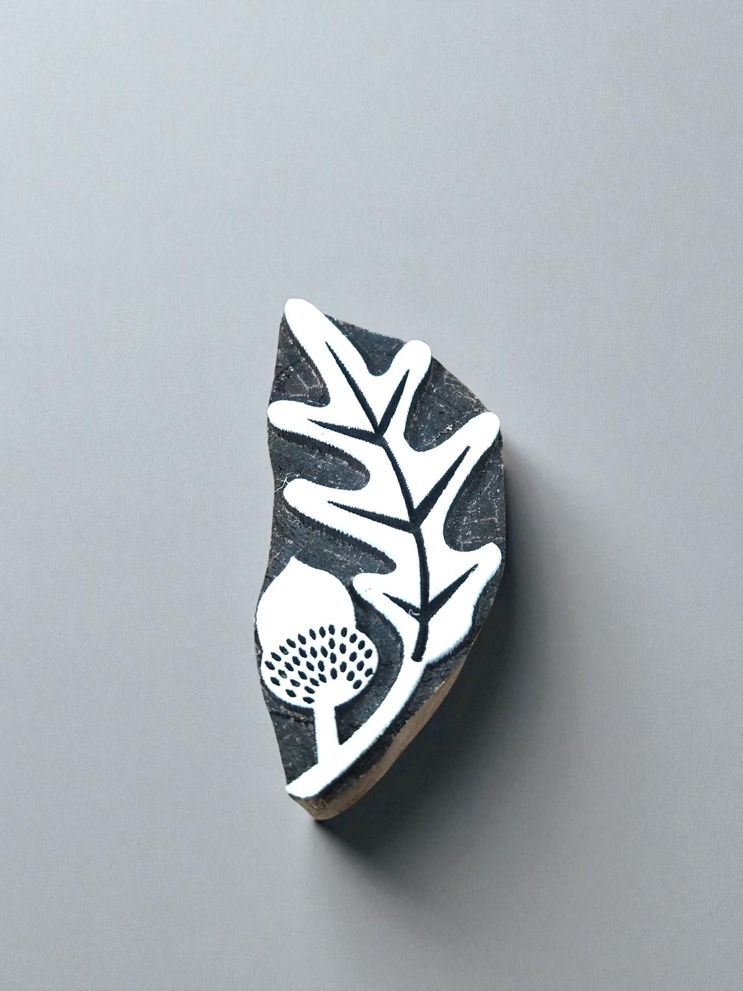 Hand Carved Indian Wood Printing Block - Acorn & Leaf