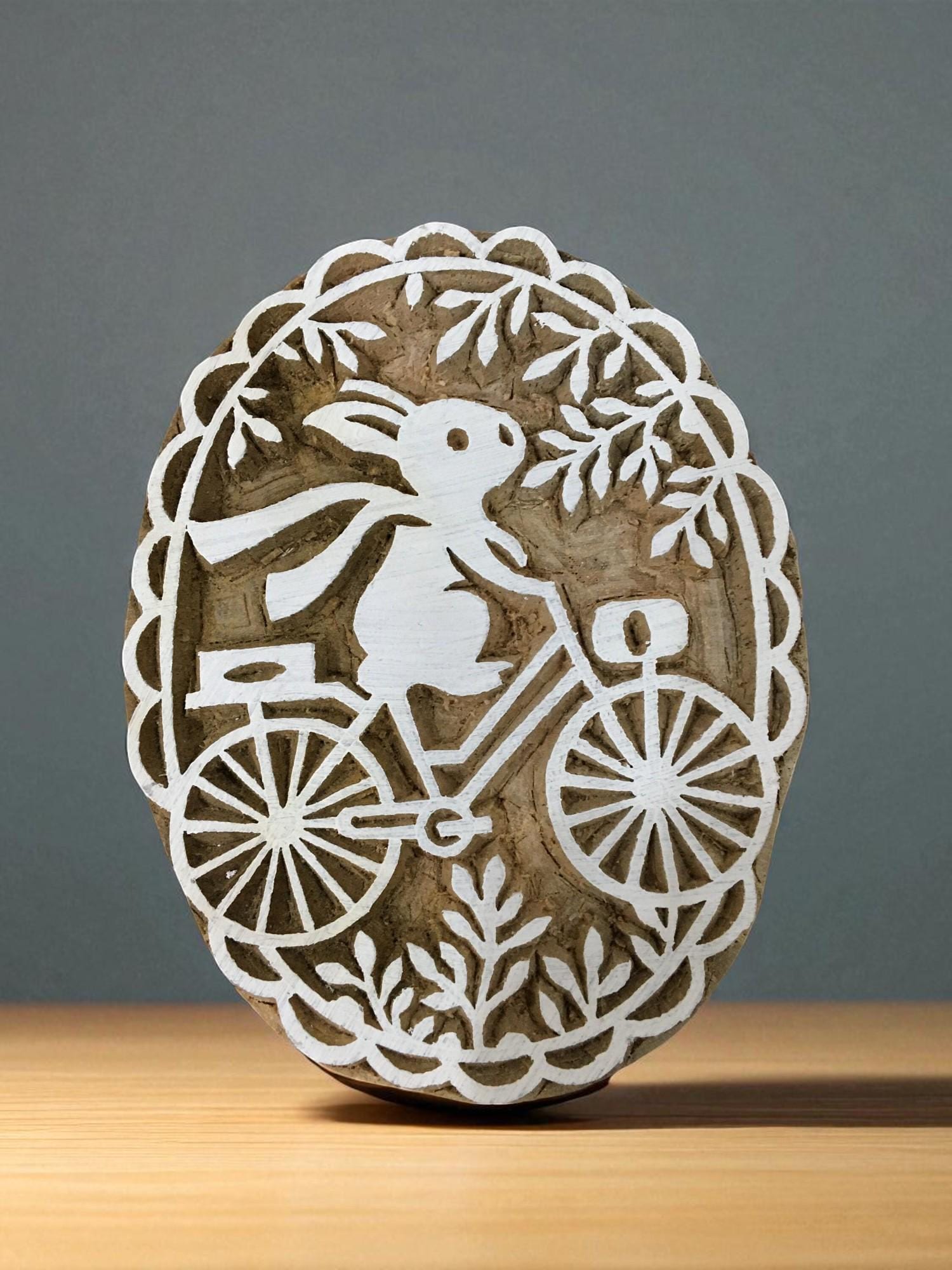 Rabbit on Bicycle Wood Block Stamp, Indian Textile Printing