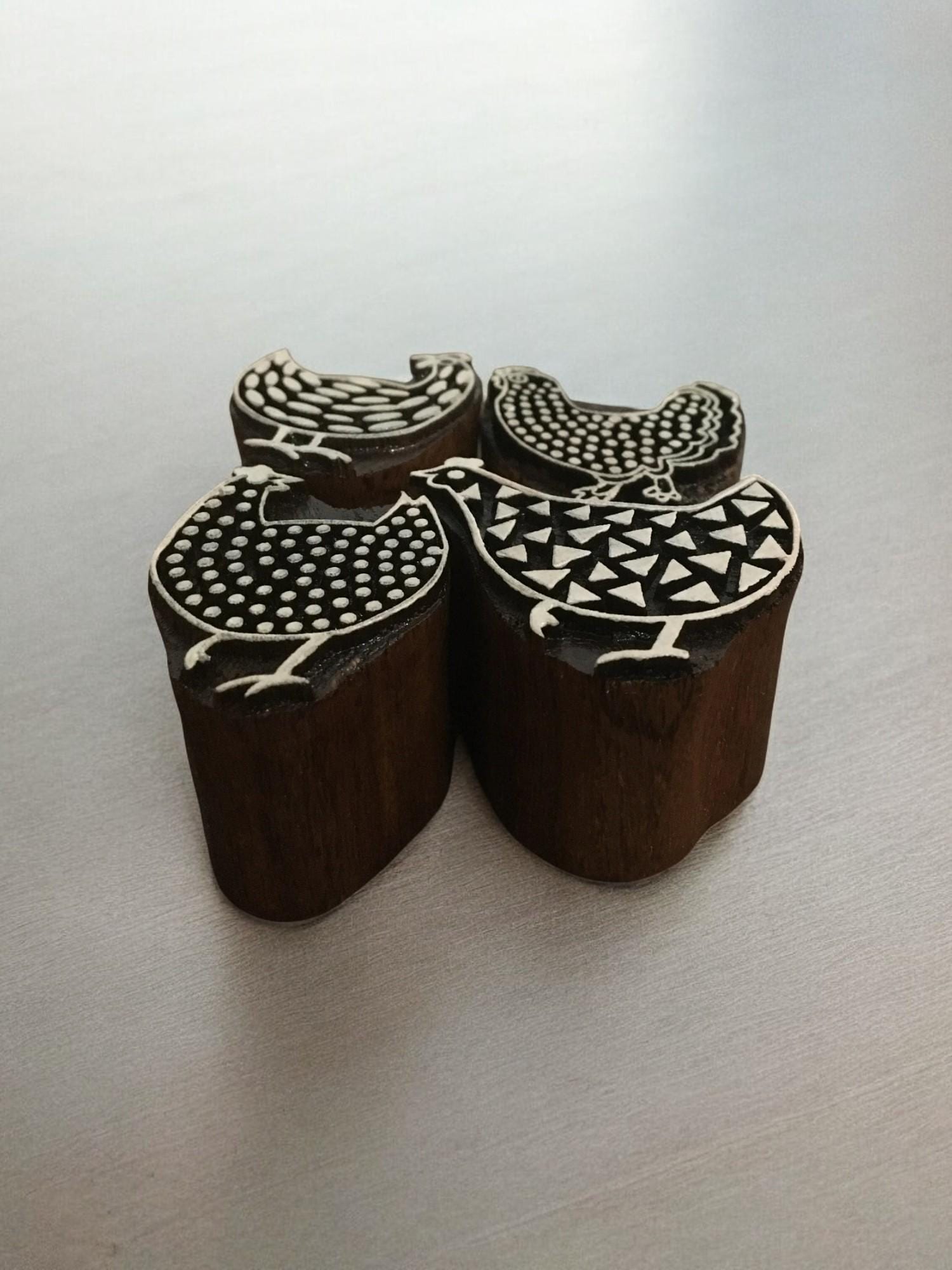 Hand Carved Chicken Printing Blocks, Indian Wood Stamps, Easter Decor