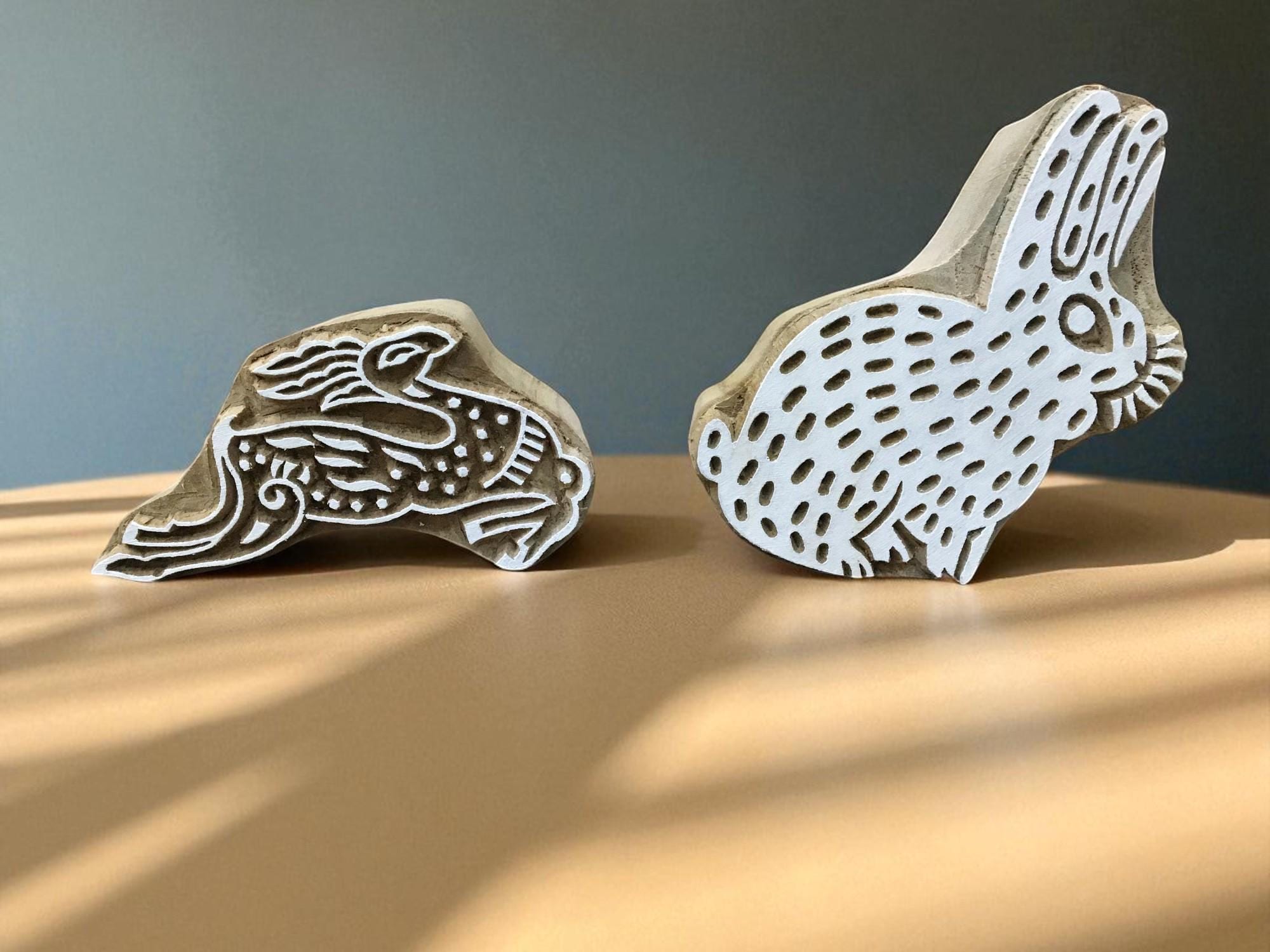 Leaping & A sleeping rabbit  hand carved Indian wood printing block; textile stamp; pottery stamp,